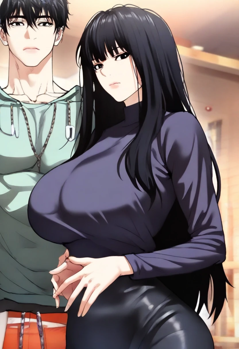 masterpiece,top-quality, 1 Male 1 Female,Girl hugged by shoulder by macho man,(Petite girl,Girl with black hair,Girl with beautiful eyes,Little Girl、Off-the-shoulder sagging big shirt, huge tit、beautiful legs、skinny thigh, A shy girl,Little devil smiling girl,Red face、Estrus face、perspiring、Mesgaquismiles、Evil smile),Uncle putting his hands around a girl's waist,Uncle bringing his face closer to a girl(Dark-skinned macho man,Big Men,Uncle without clothes,man grinning,Uncle sweating),Inside the entrance,pov,