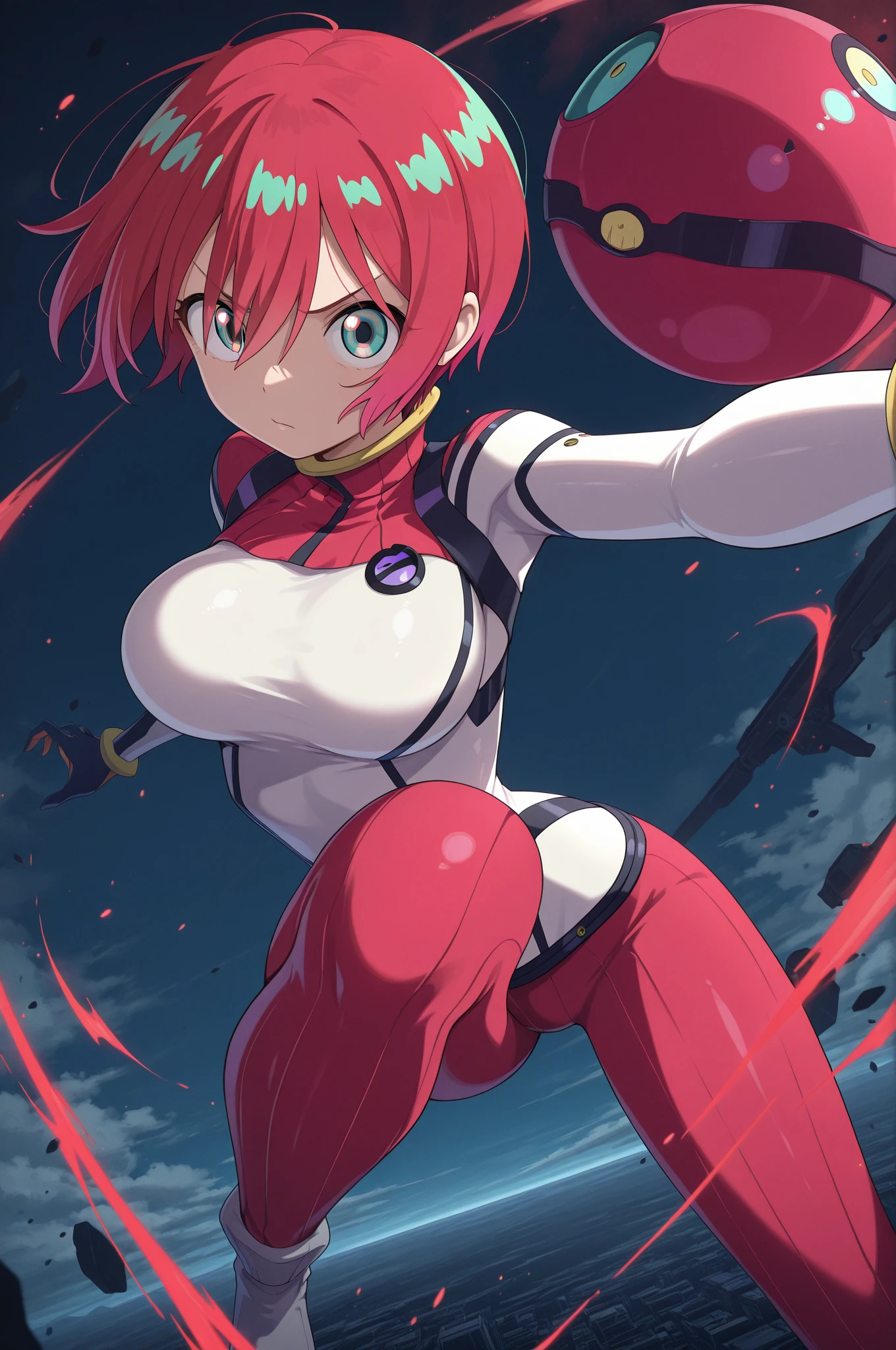1girl, solo,smile, akagi_rin\(denchi-project\), solo, twin braids, classic,masterpiece, best quality,cowboy shot, (bodysuit:1.2),pauldrons, star hair ornament, mechanical ears, looking at viewer, <lora:AkagiRin(DenchiProject)V4.2:0.6>