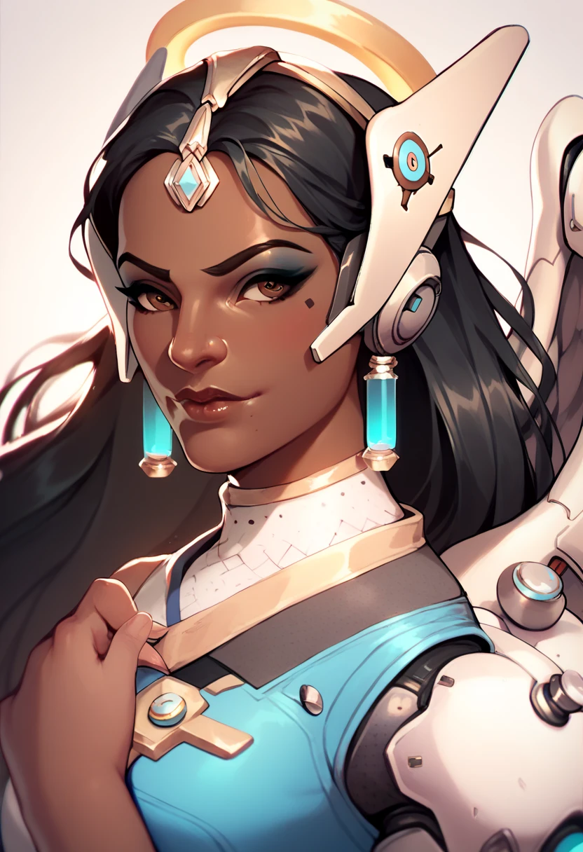 symmetra, yellow eyes, visor, looking at viewer, haughty face expression, arrogant smirk, blue dress, hands on hips, one mechanical arm, neo-futuristic white spires, <lora:symmetraOverwatchLORA_v1:0.8>, best quality