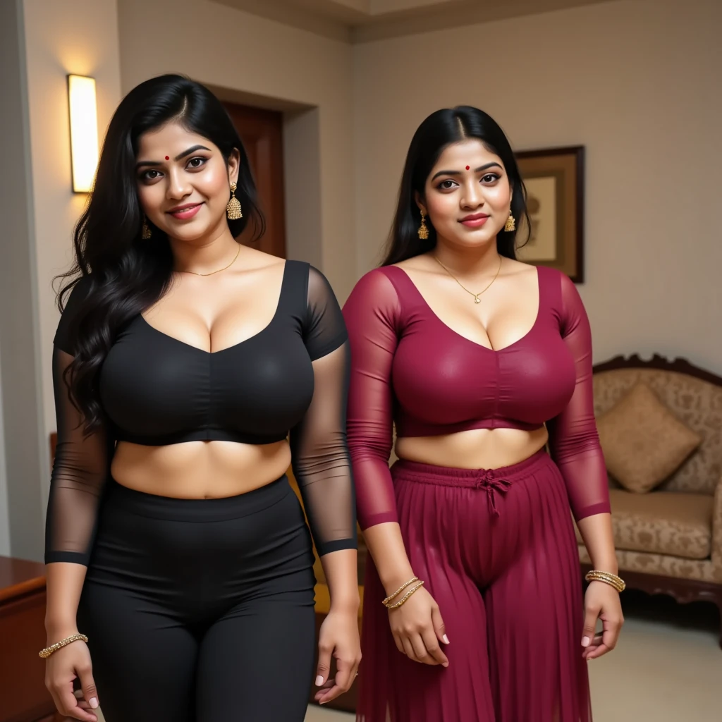 Two Indian Women、Mother and beloved daughter、smile、Huge breasts、Plump body、Traditional Indian costume in purple、Interior of a traditional Indian mansion