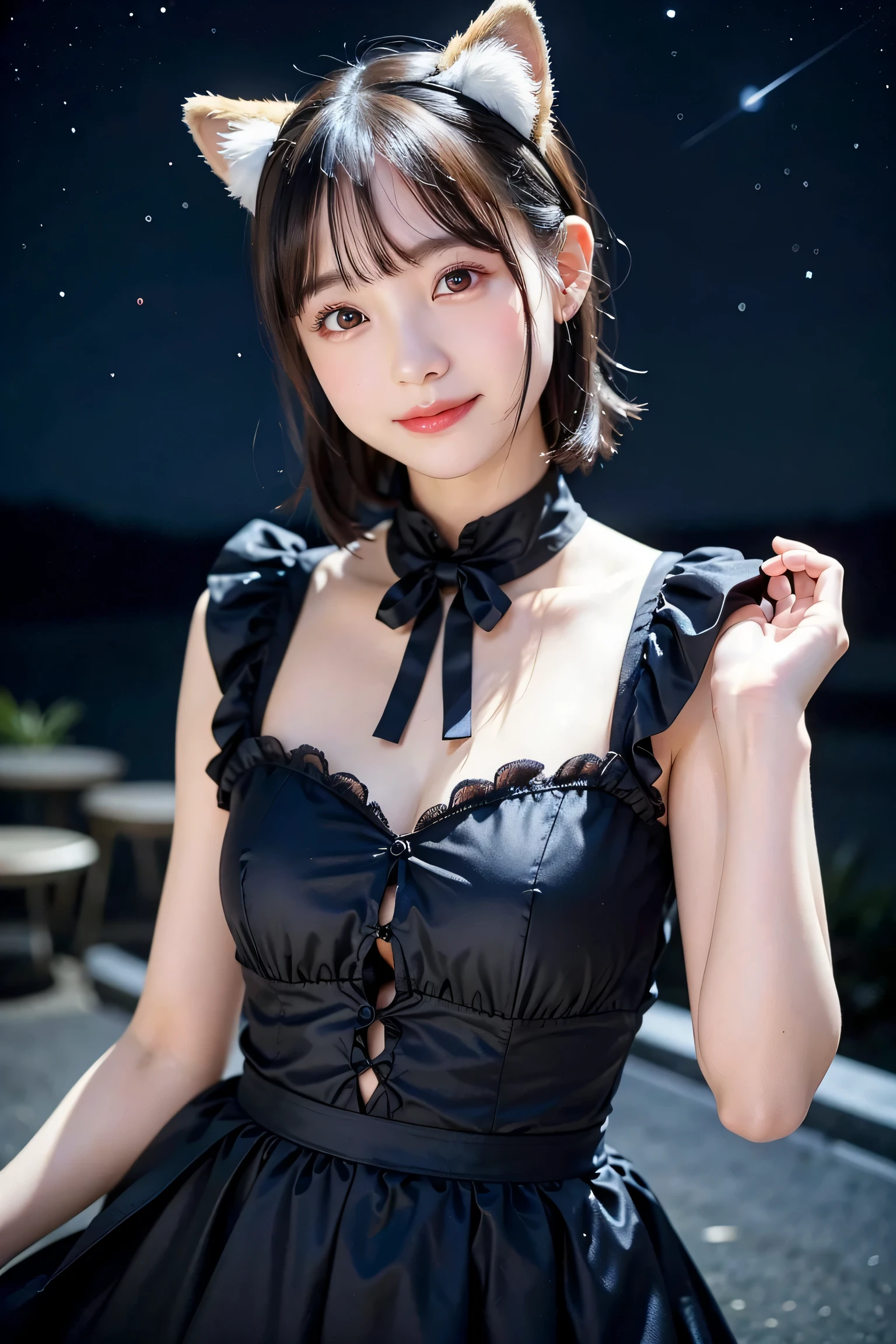 (((masterpiece:1.4, Best Quality:1.4, 8K,))), ultra high res, Physically Based Rendering, Portrait, ultra Beautiful Sexy Woman, 24yo, Detailed large eyes, detailed thin eyebrows, Highlights in the eyes, (dark brown short straight hair, updo:1.2, bangs), (strong wind blows up her hair), Clear focus:1.2, Slender beauty:1.4, (((gigantic breasts:1.9, breasts exposed:1.4, beautiful nipples, sideboob:1.2))), Slim abs, narrow waist, Clear facial features, (embarrassed smile, open mouth:1.2), ((see-through black tight dress:1.4, glitter, see-through pussy, off shoulder:1.8, sleeveless)), ((dress lift:1.6)), (Butt crack exposing:1.8, naked waist:1.2, Bare back:1.3), ((beautiful pussy exposed, cum in pussy:1.4, pubic hair:1.6)), (transparent black lacy stockings:1.2), (cum in pussy:1.3), red carpet, ((Overlooking Paris from Montmartre Hill:1.4, Eiffel Tower in the distance, Brightly colored stained glass, Small faint lights and flying fireflies, night, Starry Sky, milky way, nebula, shooting star, colorful glitter)),