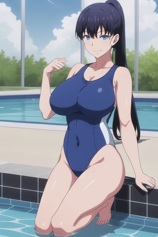 masterpiece, best quality, illustration, highly detailed, chitanda_eru, beautiful detailed eyes, cowboy shot, cleavage, blue school swimsuit, swimming pool