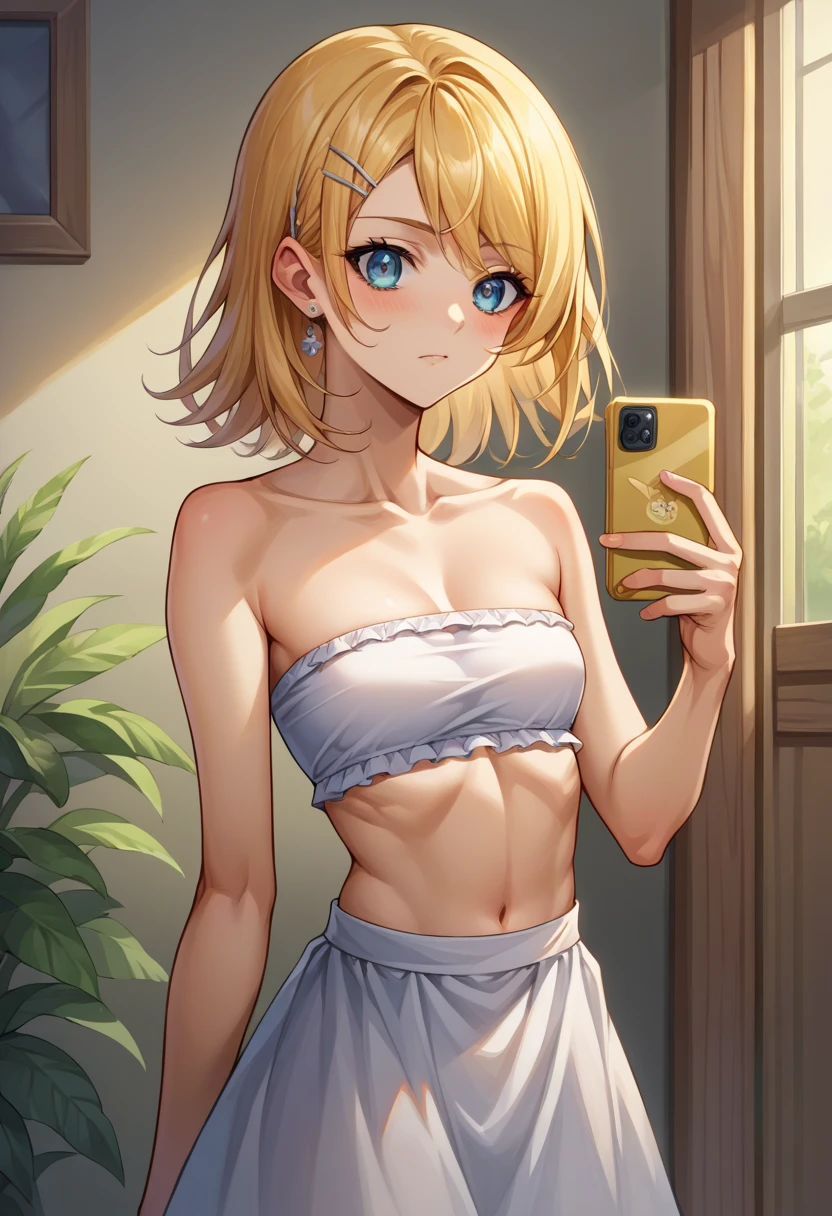 masterpiece, best quality, 1girl, solo, murashige_yuzuki, 1girl, solo, hair bun, green eyes, blonde hair, upper body,bra,underwear, standing, adjusting hair, looking at mirror,full body,bedroom
