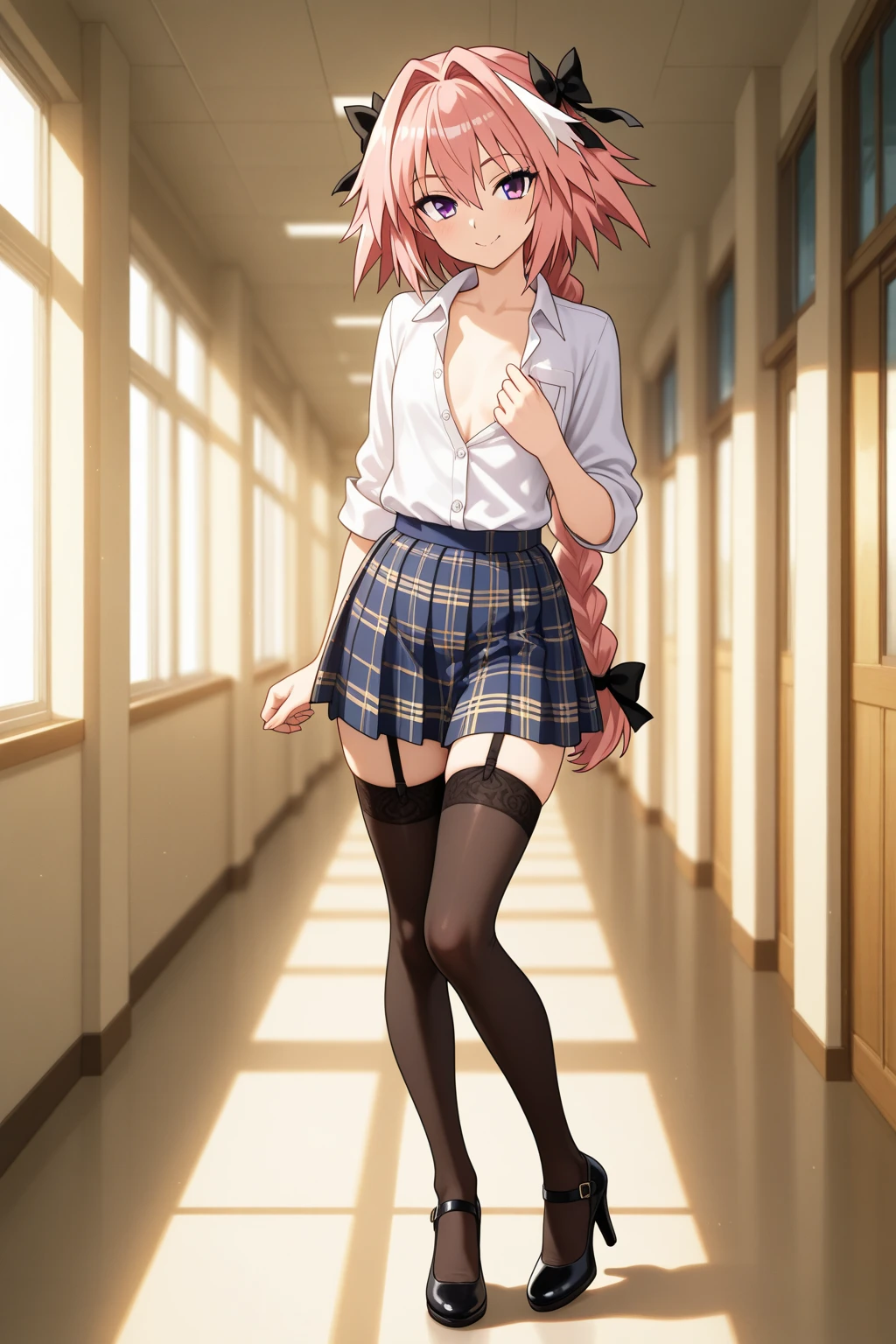 astolfo, Beautiful and slim perfect body, really spiky messy hair, short pink hair ,lock of white hair on left side, happy, smiling, blushing, thick lips, full lips, flat chest, Pectorals, not breasts, very thin body, open button-up shirt, shirt tied pectorals, midriff, choker, tiny micro pleated miniskirt, skirt barely covering panties, small bulge, thigh high stockings, high heeled sandals, perfect anatomy, classroom background, ultra-detailed, 4k, 8k, best quality, masterpiece, model, modeling, posing for camera, detailed background, (lenceria de encaje, translúcido), (medias de encaje), cuerpo completo, centrarse en las piernas, manos perfectas, maquillaje cachondo,