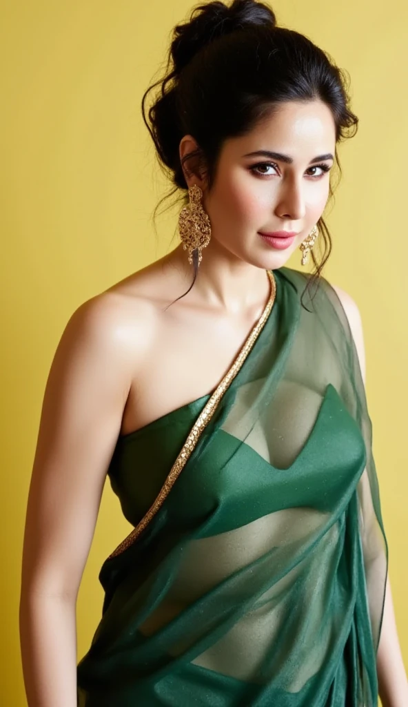 Portrait of A confident-looking white indian , actress, white woman with bun of long and thick brown hair tied behind and covered with flowers, hazel eyes, wearing a traditional green saree,big breasted,big cleavage, smile on face, lusty look, standing in bedroom, perfect composition, hyperrealistic, super detailed, 8k, high quality, trending art, trending on artstation, sharp focus, studio photo, intricate details, highly detailed, art by greg rutkowski