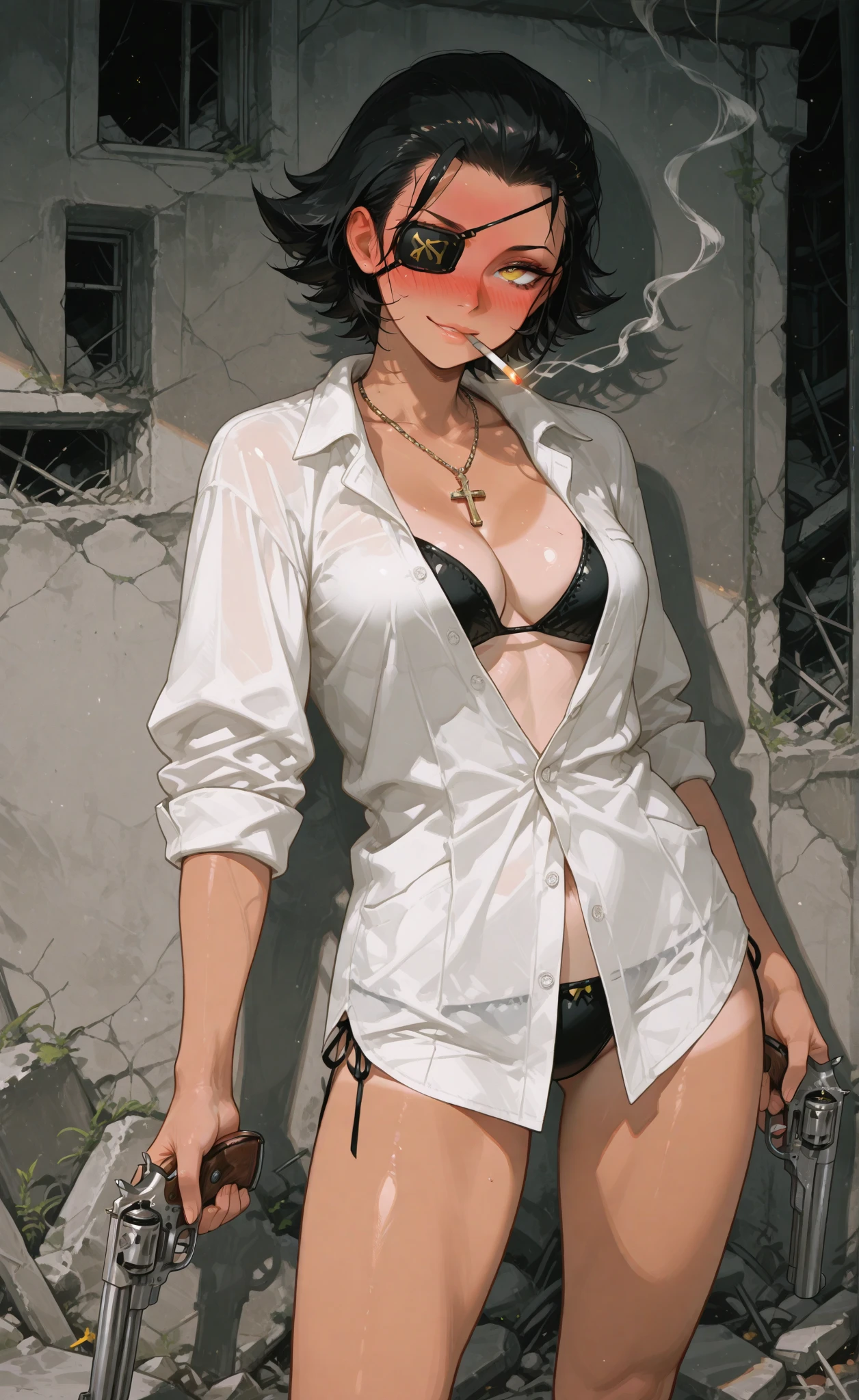 Masterpiece, top quality, best quality, official art, beautiful and aesthetic, anime, 1girl,extremely detailed, colorful, more detailed ((ultra-detailed)), (highly detailed CG illustration)
makima, long hair, smile, bangs, (small breasts:1.2), (yellow eyes:1.2), braid, red hair, braided ponytail, ringed eyes,navel, cleavage, underwear, collarbone, panties, thighs, black panties,silk bathrobe,luxury lingerie, black bra,stockings, church, benches,candles, dark light, fire, in middle, full body shot.