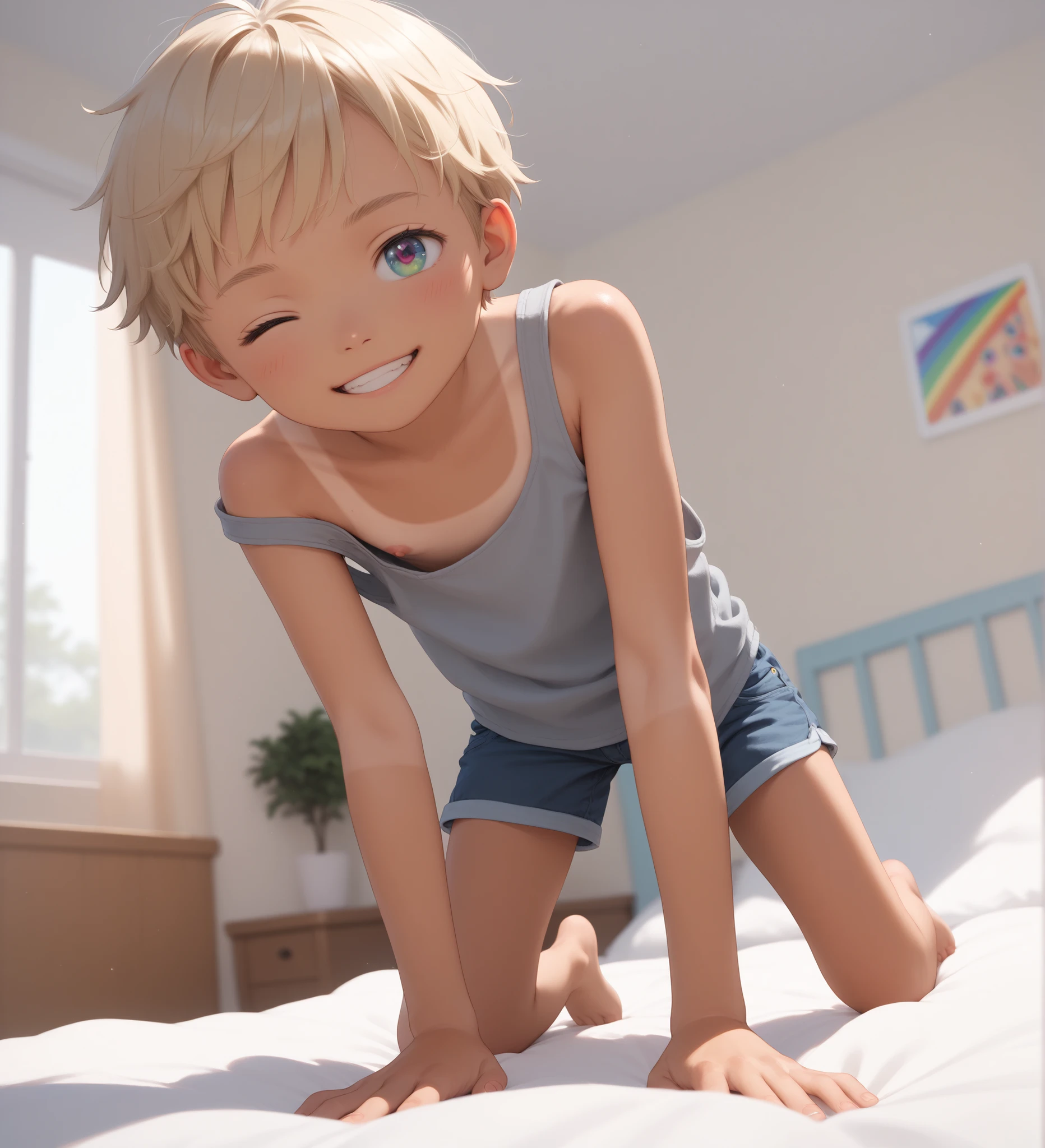 (Masterpiece, 8k, Amazing Quality, High Resolution, Very Detailed), ((Young Boy with Very Short Hair, Light Blonde Hair and Rainbow Eyes)), (One Eye Closed), ((Shot, Elementary School Boy)), Alone, Close-Mouthed, Light Smile, Bedroom, Large Bed, Oversized, Loose Gray Tank Top, Flat Chest, Nipples, Short Cotton Shorts, On All Fours, Viewed from Front, Low Angle, Looking at Viewer, (V), (Very Blurry Tan Lines), (Very Detailed Skin Color and Texture), Accurate and Perfect Anatomy, (Full Body Shot), Detailed Background and Shading,