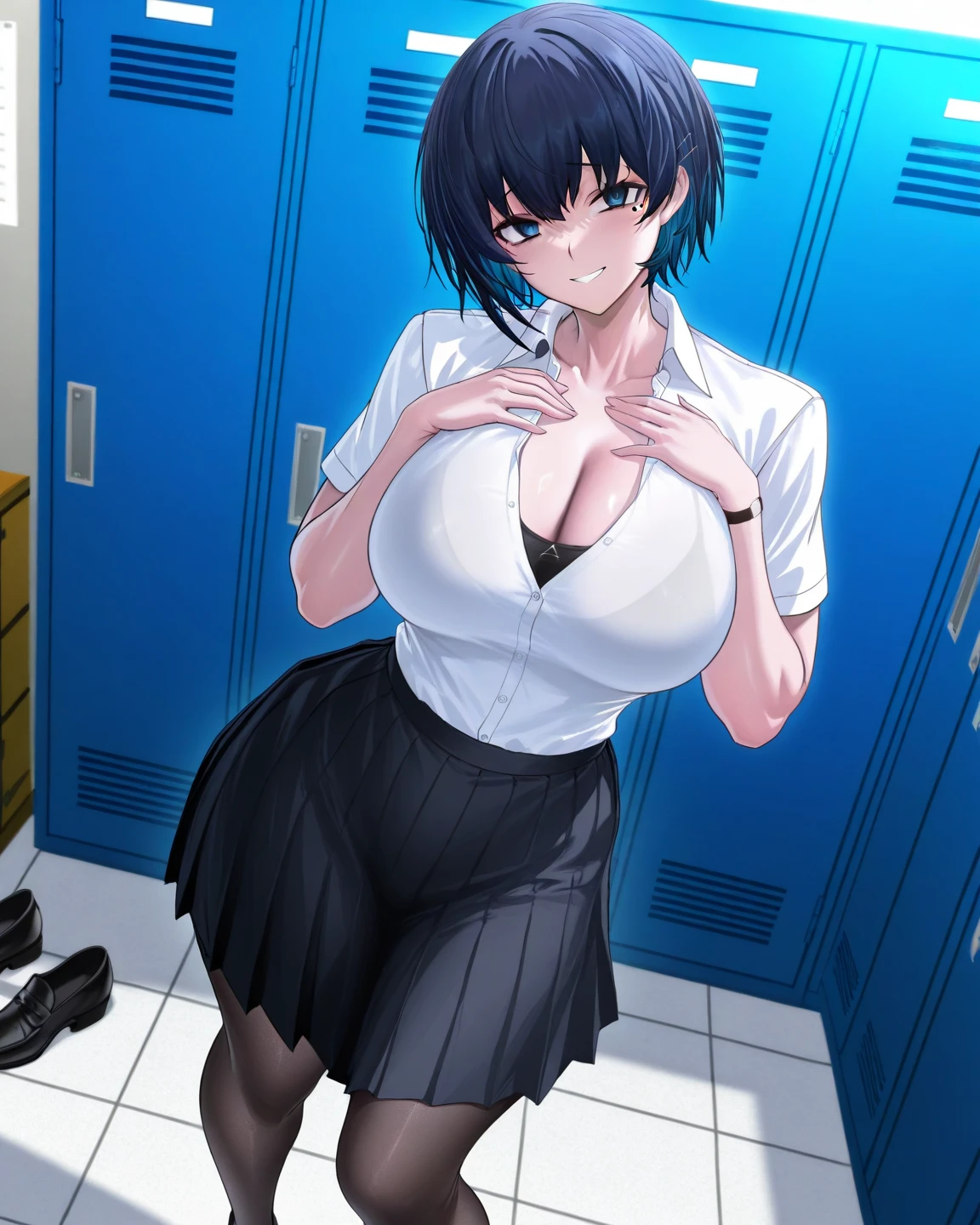 1boy, dark skinned male, huge penis, veiny penis, thick veins, precum drip, POV, high detail, perfect face, very close-up, 1girl, kneeling, huge ass, looking at penis, medium length hair, bob cut hairstyle, black hair, classroom background, day, noon, light beams coming in, (thick thighs:1.5), huge cleavage, red eyes, slightly angry expression, head tilted, huge breasts, (Goth Girl), wide hips, bottom heavy, (Seifuku:1.3), (Upper body portrait:1.3), highly detailed face, perky breasts, black lips, (handjob:1.3), vertical motion lines, stroking penis, heart symbol, blush
BREAK
score_9, score_8_up, score_7_up, score_6_up, source_cartoon, rating_explicit