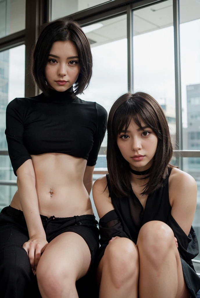 nsfw, nude, nipples, pussy, topless, show off pussy, spread legs, dark blue pleated micro mini skirt, flip skirt, ground level shot, from bellow, pussy focus, wet pussy, high resolution、On the street、Only 1 person、(short hair are beautiful、Stylish)、drooping eyes、Short Bob、Straight Hair、bangs above eyebrows、Cleavage、