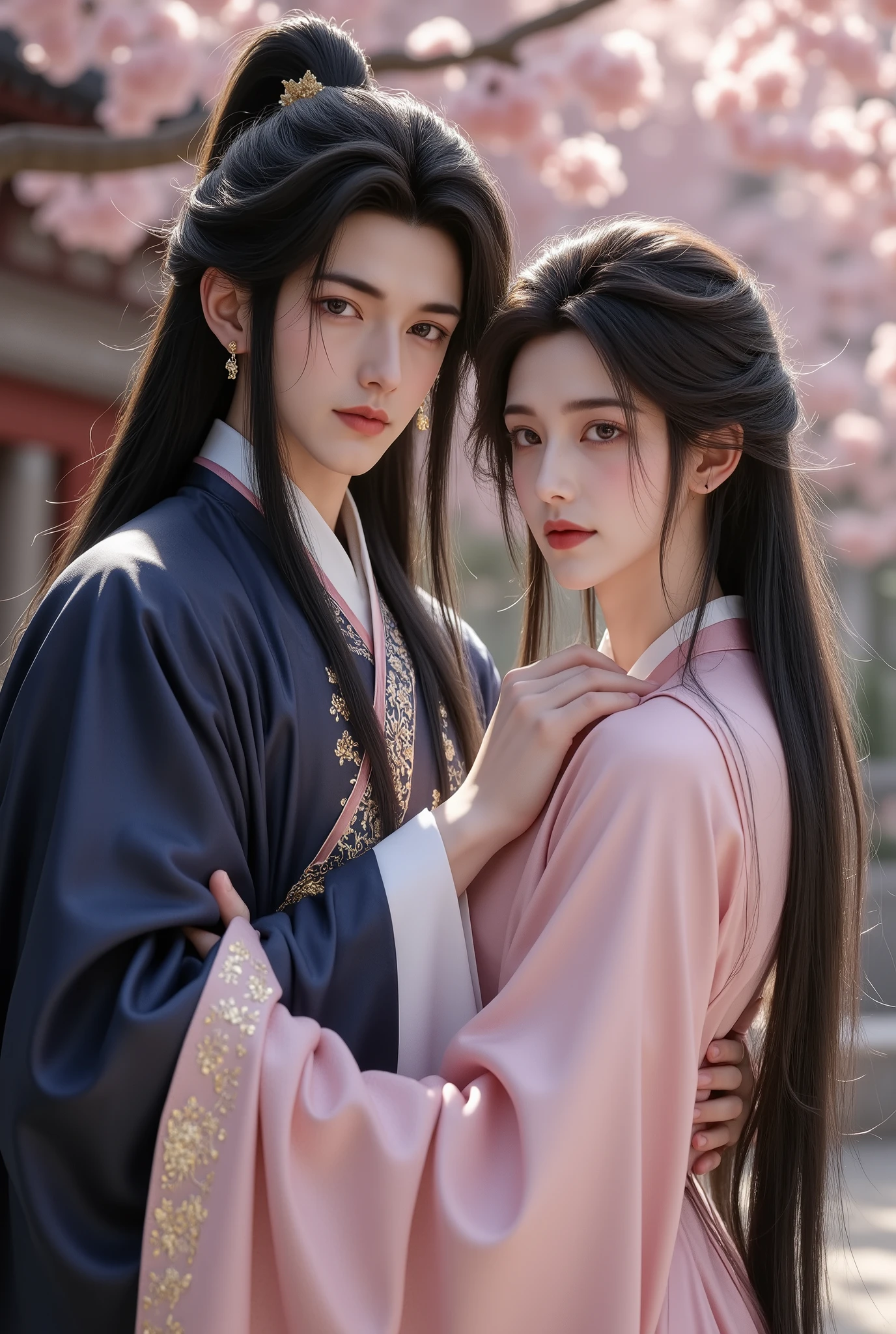 intimate portrait of handsome dominant Asian male, sharp masculine features, commanding presence, long black hair, wearing luxurious dark blue hanfu robe with gold trim, embracing beautiful young woman from behind, she has innocent face, voluptuous curvy figure, large breasts pressed against silk hanfu dress in light pink, her delicate hands touching his strong arms, romantic passionate pose, soft intimate lighting, ethereal atmosphere in traditional Chinese garden, cherry blossoms falling, ultra detailed, photorealistic quality, 8k resolution