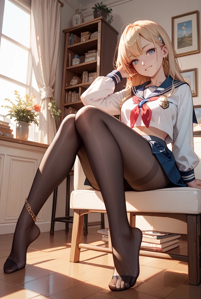 Finest, masterpiece, high definition, (full body), frontal, symmetrical, mature high school girl, solo, (full body from head to toe), small breasts, long hair, slightly messy hair, (black tights), ( (black pantyhose), black pantyhose, composition showing white panties, slender beautiful legs, a very beautiful 17-year-old girl (not wearing shoes) legs), blushing, shy big eyes, (short (brown hair)), (bangs), messy hair, (hair clip), looking at camera, showing white panties, white frilly lingerie, high school uniform blazer, high school uniform White blouse, high school uniform with blue ribbon, high school uniform with short plaid pattern and navy pleated skirt