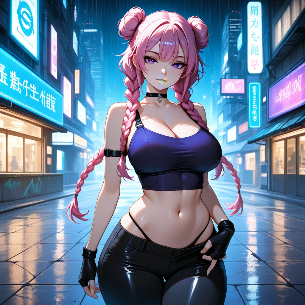 sporty girl,(1girl:1.3),((anime girl with bubblegum pink hair and freckles, extremely cute and gorgeous seductively walking down the street)),

(large breasts:1.4),saggy breasts,(((bubblegum pink hair:1.35, straight hair, long hair:1.4, colored inner hair,ear breathing))),((heterochromia, eye1 pink, eye2 azul, perfect eyes, upturned eyes:1.3, beautiful detailed eyes, finely detailed beautiful eyes:1, big highlight on eyes:1.2, slanted eyes)), (fat:1.2),(((freckles on the face, freckles,freckled girl)))(((lustrous skin:1.5,bright skin: 1.5,skin tanned,shiny skin,very shiny skin,shiny body,plastic glitter skin,exaggerated shiny skin))),(spider lower abdomen,narrow waist,wide hip,athletic body,inflated legs,delicate detailed fingers,detailed body,detailed arms,human hands, detailed hands),

cute,slutty,seductive,erotic,nsfw, 

zettai ryouiki,revealing clothing,show skin,((((underboob)))),(((small magenta sports bra, sport thong,visible thong straps))),(wearing a sport outfit:1.3,sport clothes,semi-naked,with little clothing,),(detailed outfit,detailed clothes),

(dynamic pose:1.0), embarrassed, centered, scale to fit dimensions, Rule of thirds,

outdoors, ((night view)), (cyberpunk night street Background: 1.5,dark sky,alleyway,lonely alley,thick clouds, detailed background:1.25),

(best quality), (high resolution), (sharp focus), (ultra detailed), (extremely detailed), (extremely high quality artwork), 8k_wallpaper, (extremely detailed CG 8k),(very fine 8K CG), ((hyper super ultra detailed perfect piece)), flawless, (((masterpiece))), illustration, vibrant colors,  (intricate), High contrast, Selective lighting, Double exposure, HDR (High Dynamic Range), Post-processing, Background blur,