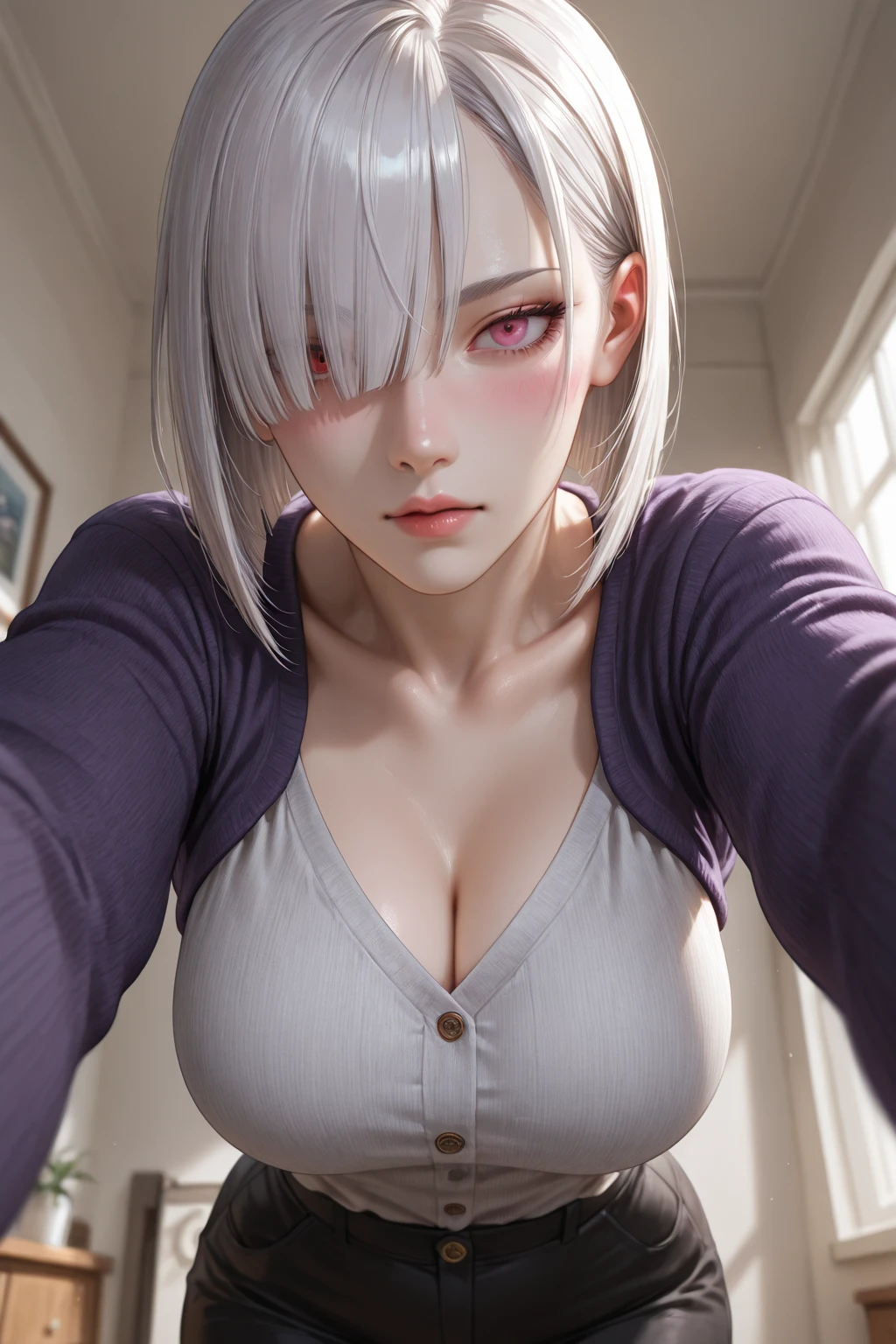 1 girl, nsfw, look at viewer, realistic, detailed, (sliver hair:1.25), white hair, indoor, depth of field, serious, standing, messy long hair, sharp focus, bare shoulders, on bed, (shirt),
blue eyes, {seductive}, small breasts <lora:pose-kabedonReceiversPOV_1girlSoloKabedonPov:1>1girl solo, kabedon pov
