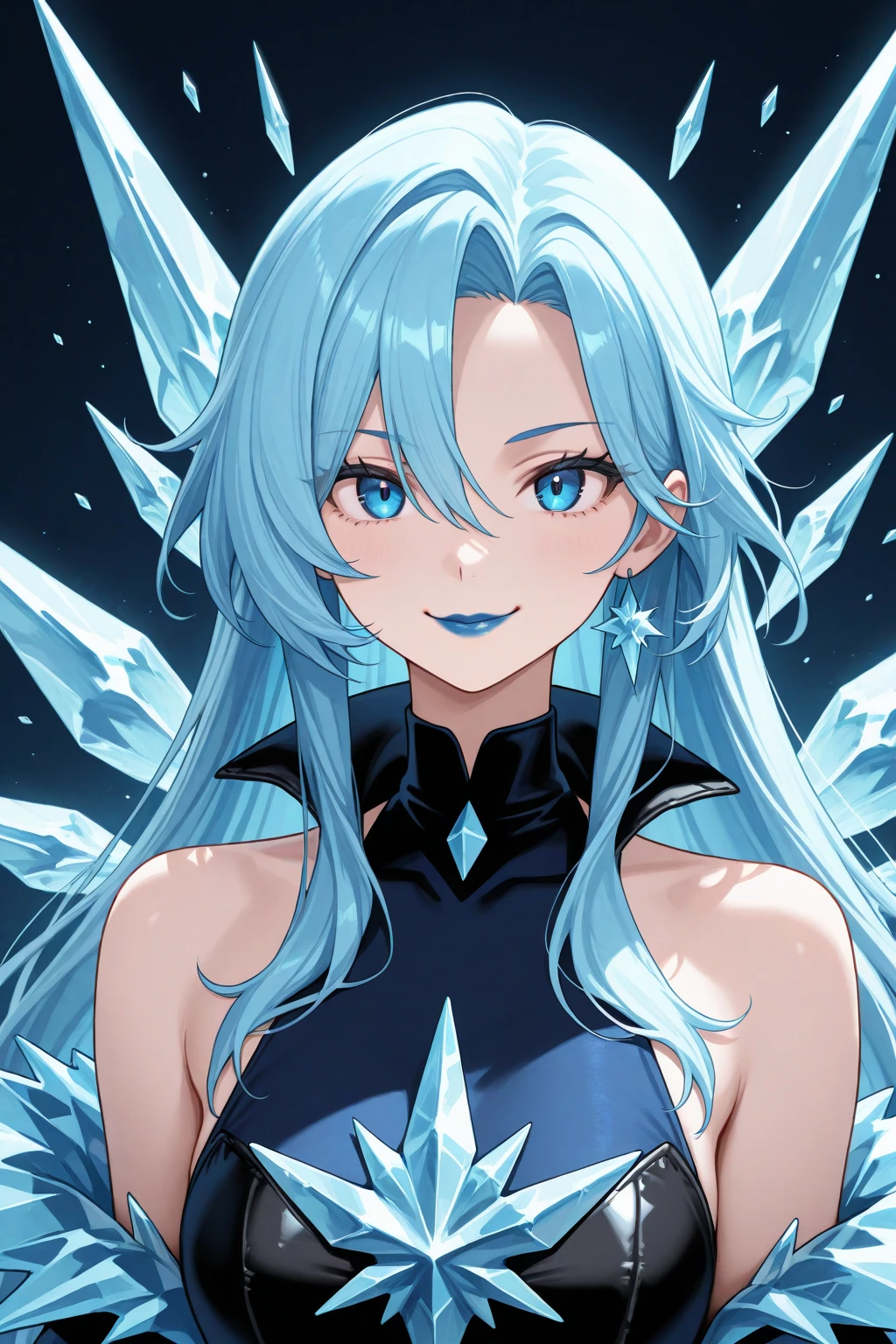 
 blue eyes, white hair, ponytail, very long hair, eyeshadow, WitchOutfit, sleeveless, dark-blue bodysuit, kneeboots, gloves, blue cape, icywinx, smile, room