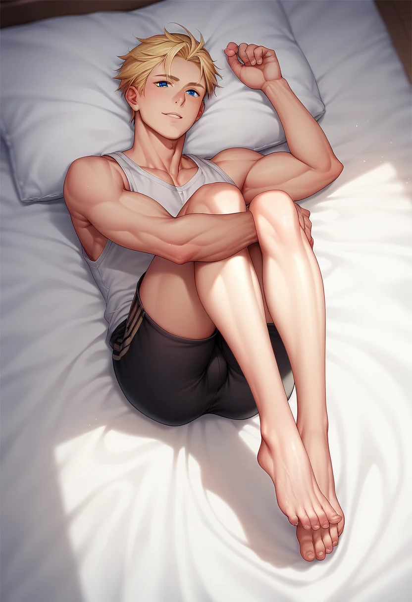 School boy showing feet A boy lying on his bed and wearing a pair of black gladiator sandals on his bed. Perspective near the feet