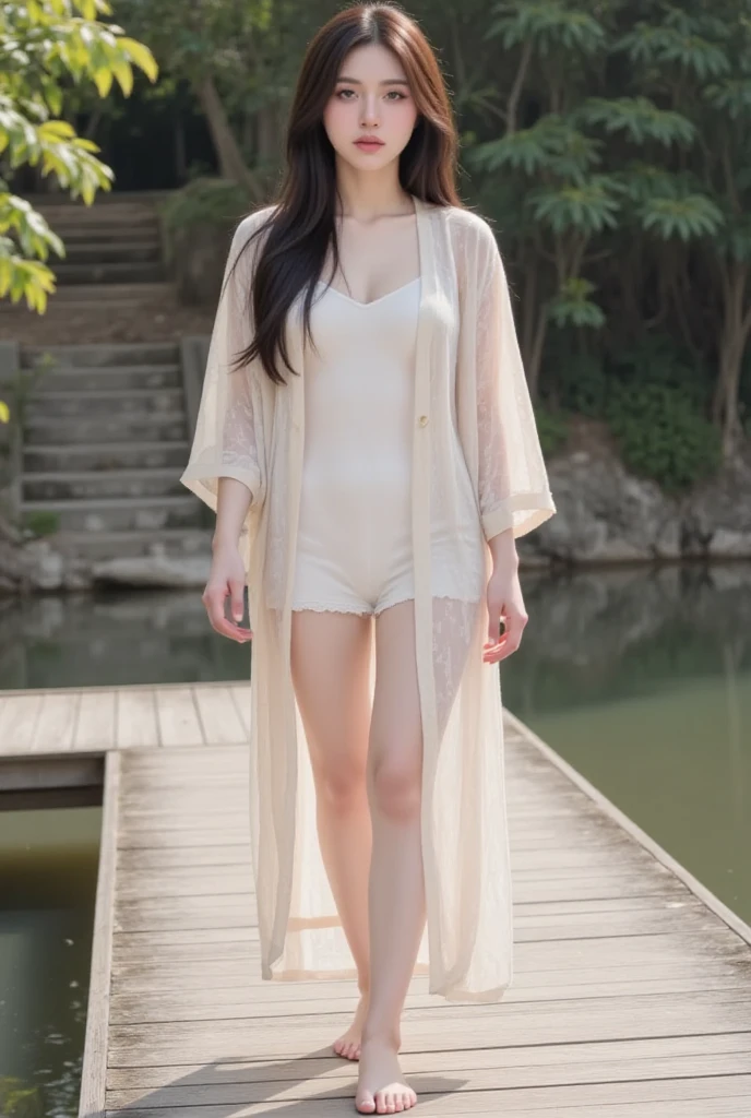 Japanese female, a lot of details, (underweight), detailed black hair, beautiful detailed hair, super fucking beautiful, delicate beautiful face, complex details beautiful and delicate eyes, perfect hands, (flat chest best quality:1.5), perfect and delicate limbs, detailed skin, best quality, ultra-detailed,(cheerful grin:1.5),(fashion show), (large audience), walking, semi long, (Cream colored loose silk long dress), dreamy atmosphere, full body shot, high angle shot, backlighting, underlighting