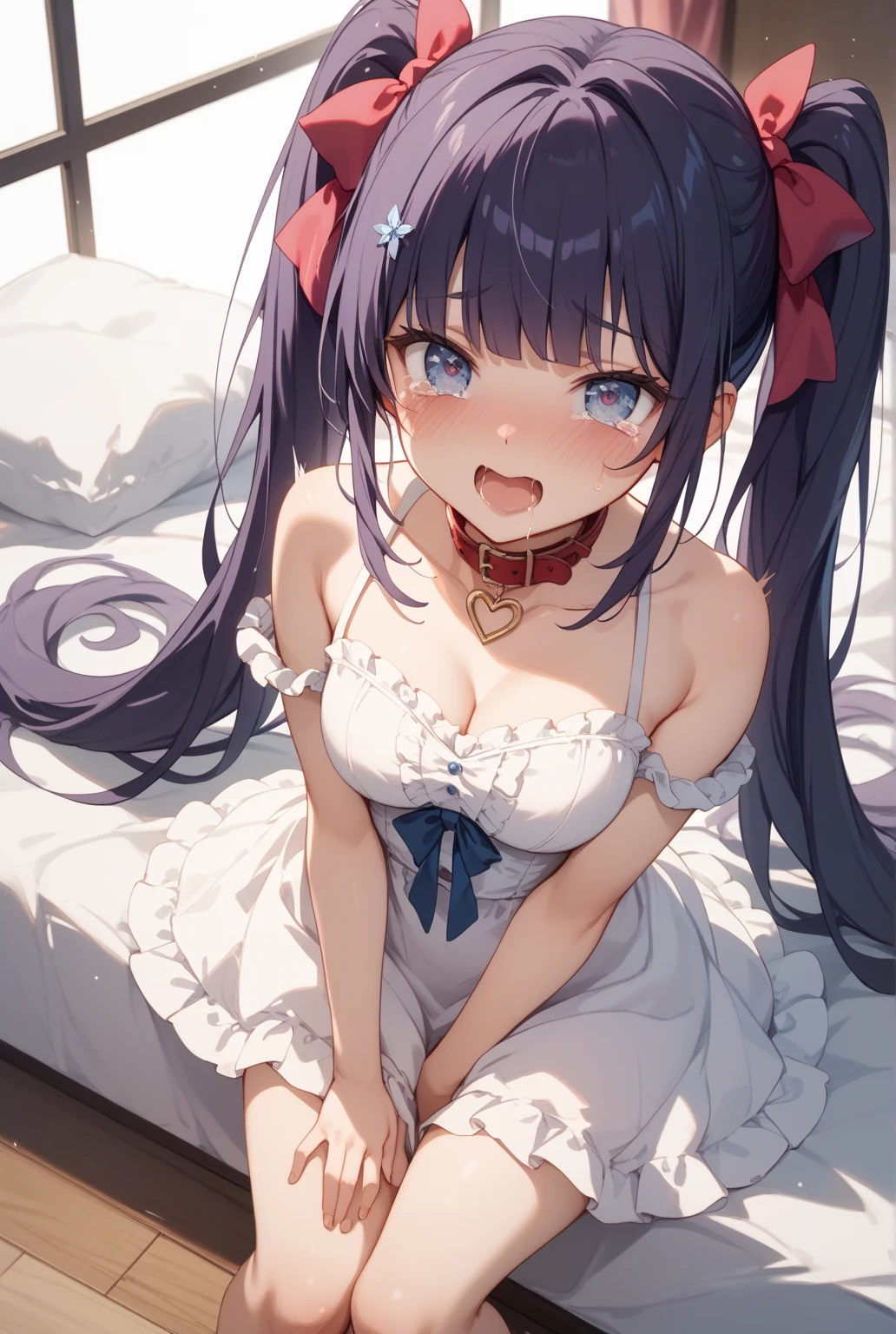 UHD, ccurate, masterpiece, anatomically correct, textured skin, super detail, best quality, 16k, 1080P,SOLO,(1 Female,perfect body,big oppai),(purple eyes:2.0),(purple long hair with long single braid),(wearing A nude apron:1.7),(sweating skin:1.7),(Wearing black Silk Stockings:1.7),(lying on the bed:1.7),(Spreading legs:1.7),(Full blush:1.7),(Ahegao:1.8),(In bedroom:1.7),(Genshin Impact/Raiden Shogun),[detail face]