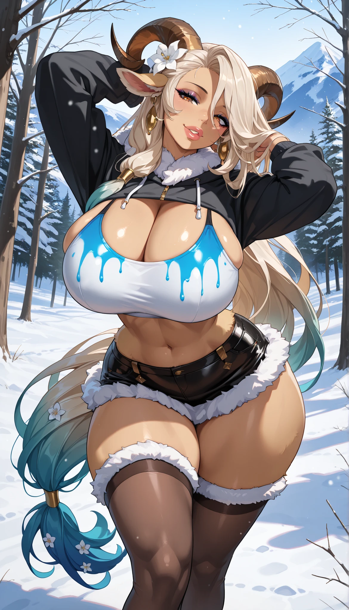 {extremely delicate and beautiful girl}, 8K Wallpaper, {{{masutepiece}}},Red Eyes,White hair,Long hair,(Bursting breasts:1.1),(skinny:1.3),Big ass,(Fox Girl:1.4),(Huge breasts), (((close photo face))) , forest,trees, montain,snow,fishnet stockings