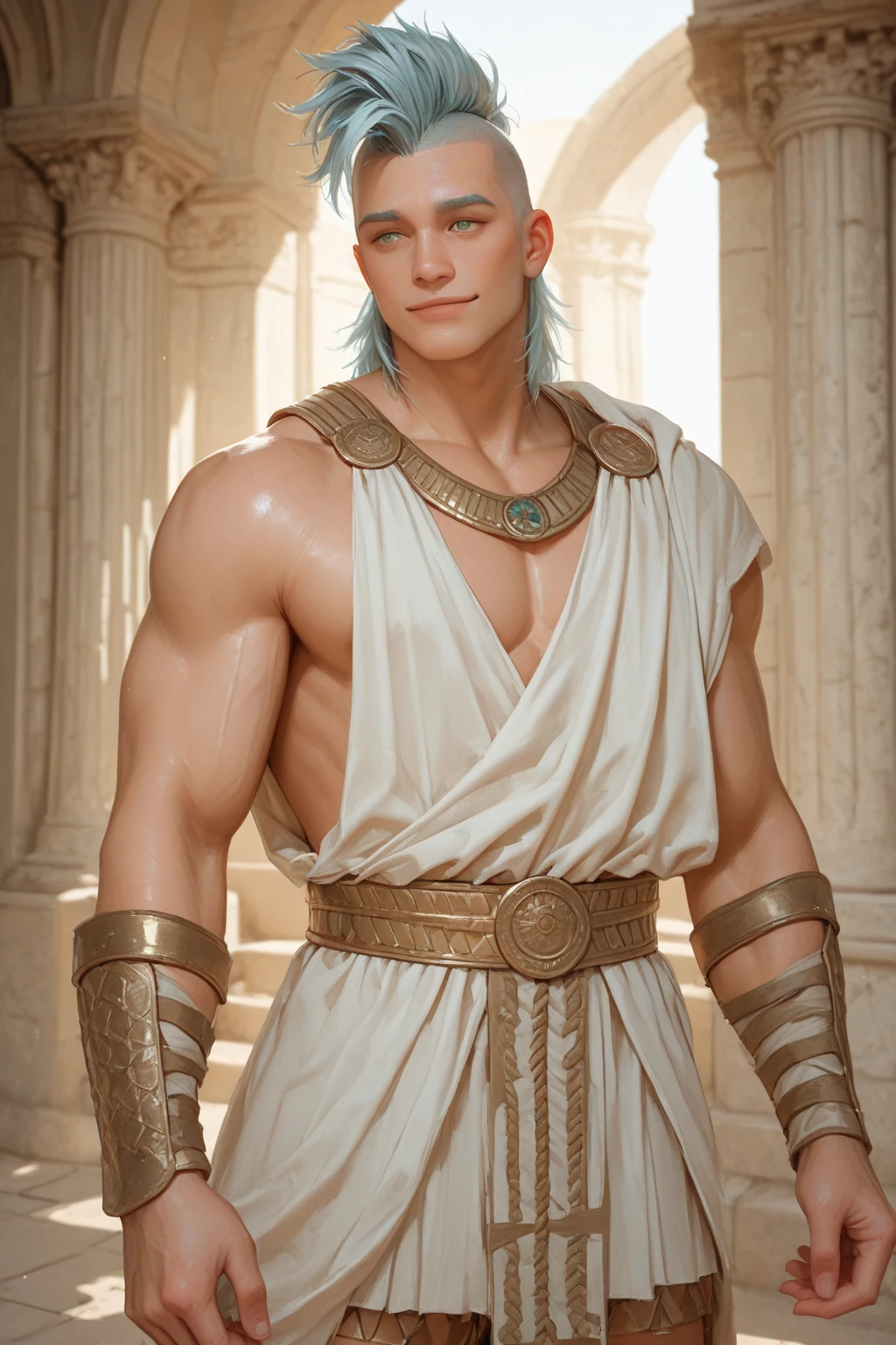 Male Titan, dark skinned muscular body, hairy chest, white hair, green eyes, Greek cloak clothing, naked, visible member, amazing lighting, greek temple.