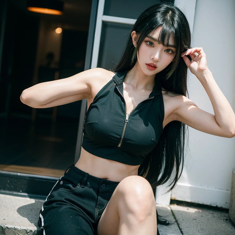 ((highest quality)), ((masterpiece)), (detailed), 8K,Realistic、High definition、high resolution、Real、((Five Girls))、c cup breasts、Japanese、Outdoor、blue sky、Are standing、smile、A good friend、Young face、21 years old、Heavy makeup、Very black hair、Straight long hairstyle、Shiny Hair、Glowing Skin、Green tank top、Black clothes、Black leggings、Black shorts、Leather pants、Looking up、Bending over and peering in、Strong contrast、Big Eyes