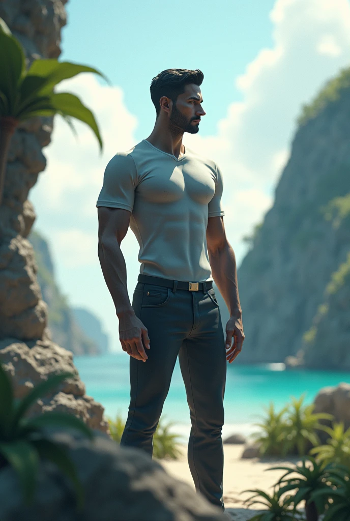 (absurdres, highres, ultra detailed, HD), 1 male, solo, ((handsome man, male model modern clothing, Full length portrait: 1.5)), beautiful, handsome, tall muscular guy, mature, perfect eyes, sexy gaze, (looking at the viewers romantically), perfect body, smooth skin, wide chest, largest breast, extremely large pectorals, big nipples, breathtaking grandeur,  from directly above, gorgeous, wet, model pose, colorful, artistic, focus on his calm facial features, elegant look, sexy posture, full body view,