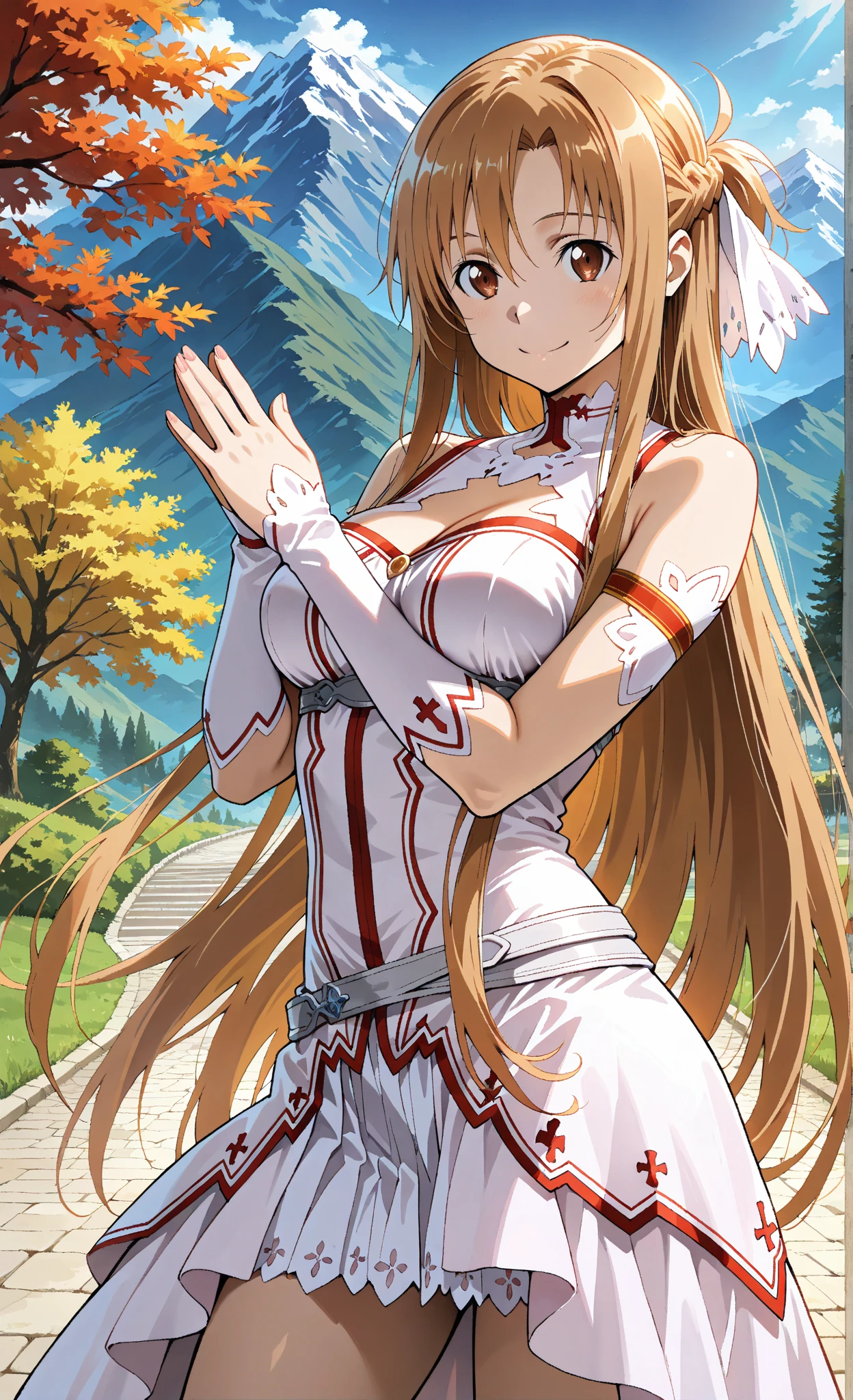 Asuna Yuki(Sword Art Online), From below， Long bronze hair,Braiding,Brown eyes,Fine grain,Big bust line,roll forward,Armature,breastplate,Long sleeve white shirt,Removable sleeves,Red and white skirt,Pleated skirt,real,Her slim legs are really cute.,Very beautiful long legs.,White knee-highs,garter,Perfect body,real,Are standing,Asuna Yuki(Sword Art Online),  panties，Embarrassing, panties， (((Skirt flip, pantiesが見えてるよ)))，Spread your legs， (((Skirt flip, pantiesが見えてるよ)))， (((Skirt flip, pantiesが見えてるよ)))， (((Skirt flip, pantiesが見えてるよ)))， (((Skirt flip, pantiesが見えてるよ)))，