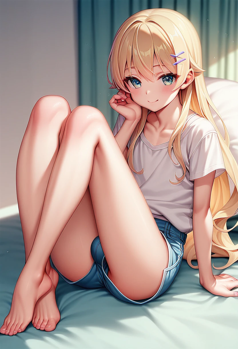 Top quality, a girl, blonde hair, blue eyes, delicate facial features, smile, medium, crop top, shirt, soaked clothes, no underwear, miniskirt, bare feet