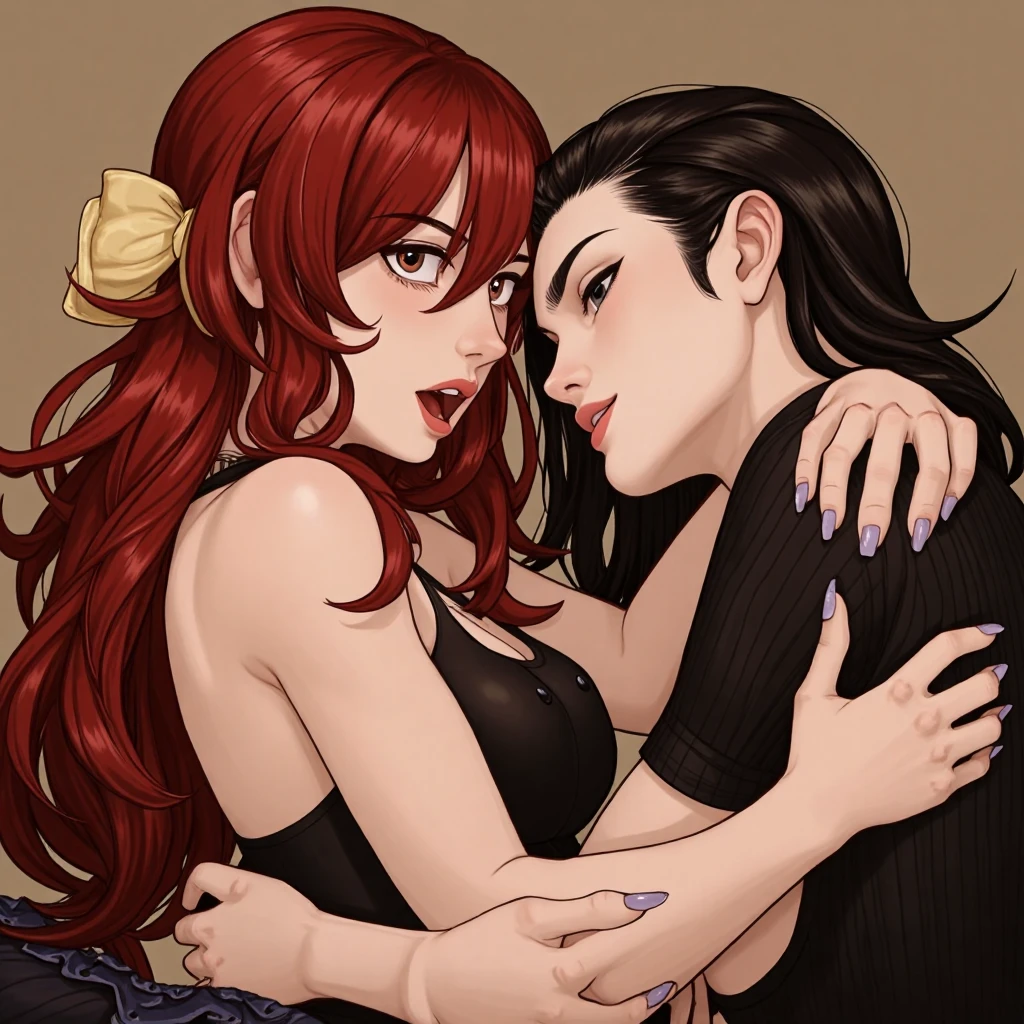 Taller black hair mature women wearing t-shirt holding hand with long red hair mature women with big breast wearing singlet