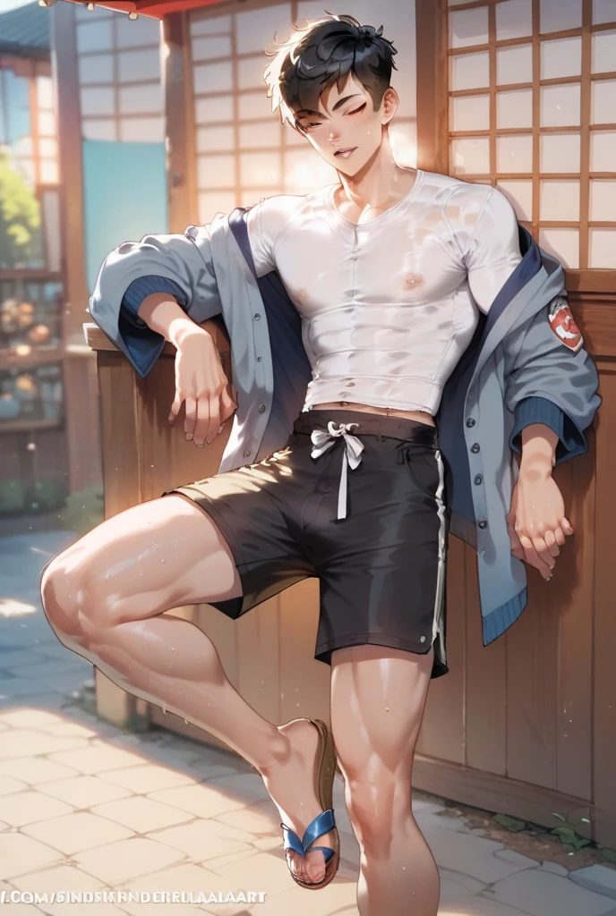 yoru valorant, shirtless, fully shirtless, no coat, no jacket, armpit exposed, thick armpit hair, beach background, calvin Klein underwear