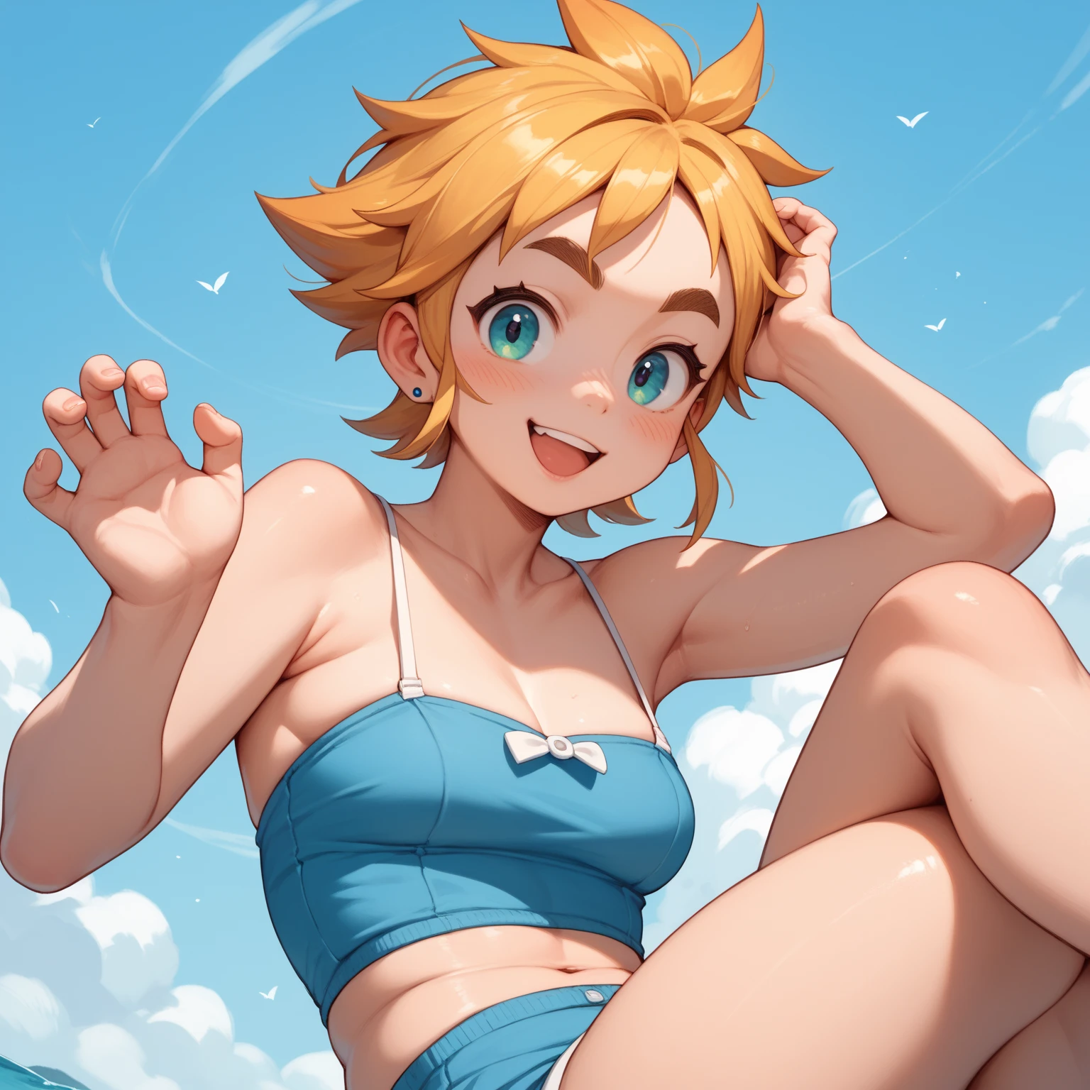 Masterpiece, Best Quality, high resolution, pier and sea in the background, A girl, alone, blue eyes, short hair, sky blue, funny look, sitting on the dock, smiling, work (pokemon), yellow bangs, the White shirt, bare shoulders, blue pants, legs stretched and apart, barefoot, planta de los hanging feet , head on, hanging feet, (view from the ground up)