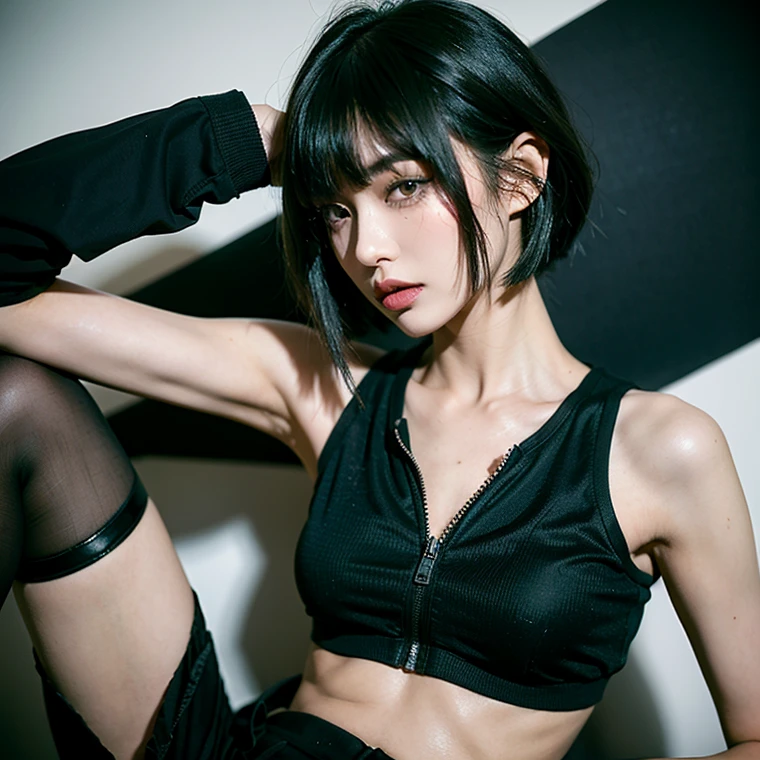 20-year-old woman with blue sport cloth, Black-haired, high contrast (Natural skin texture, Hyperrealism, Soft Ligh, sharp), high resolution, full body portrait, standing pose