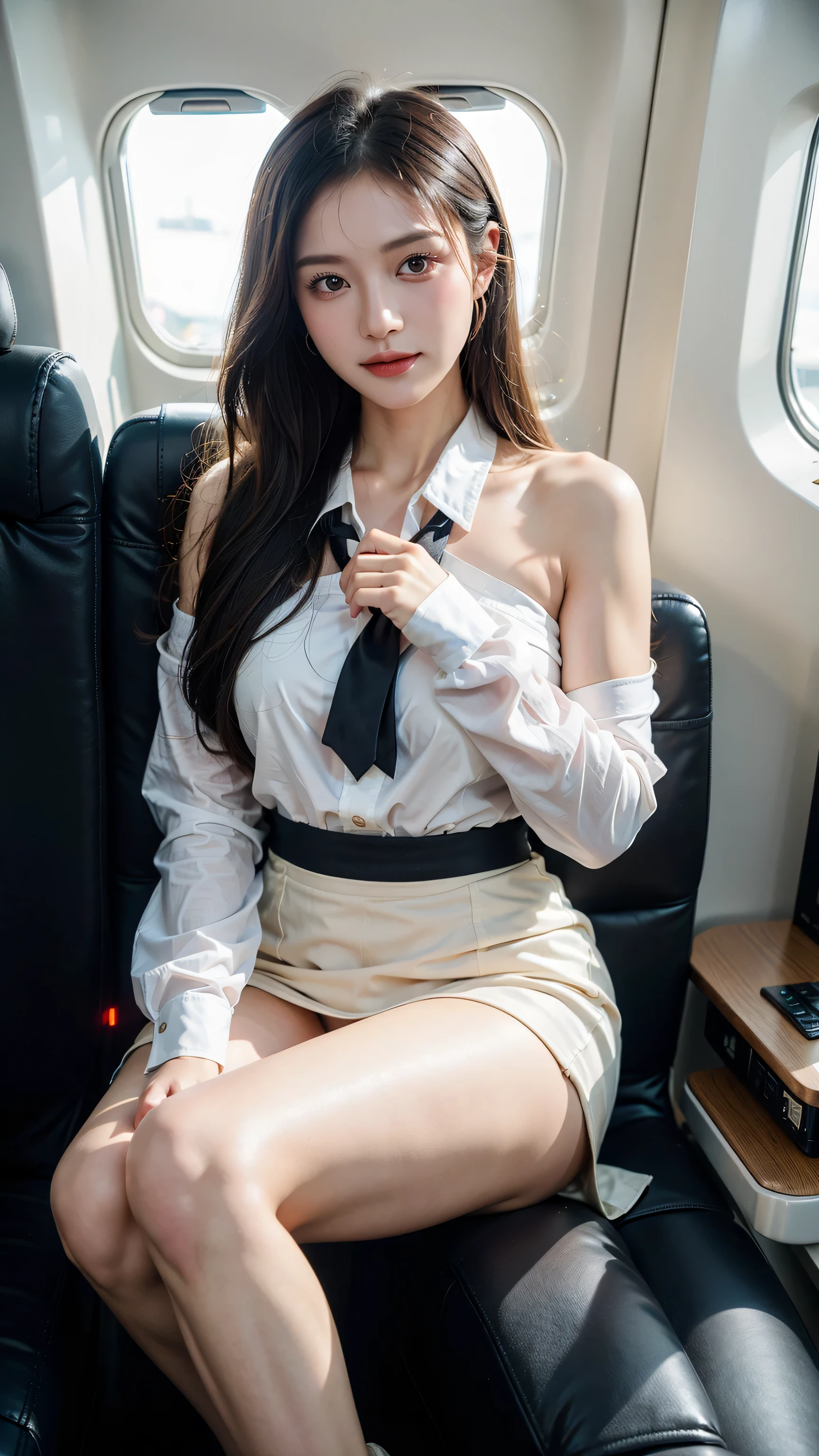 (8K high image quality), (top-quality), (RAW image quality),(masutepiece:1.2), (Realistic), (Photorealistic:1.37), Crystal Blue Eyes,,long eyelasher,(Live-action realistic style),The Ultimate Face,Photorealistic light and shadow,Clear facial features,,Fair skin, ),(The Ultimate Face,Extraordinary beauty),Best portraits, 1- Korean Girls,Beautiful detailed eyes,highlydetailed skin,(Beautiful face with double eyelids), (Realism: 1.4),((3/4 Length Shooting)) ,delicate and beautiful face,,Female about 20 years old,(Beautiful Face 1.4),moderate hair length,(lipsticks,Lame around the eyes,earring beautiful),((Shot inside a white airplane)),(Stand leaning against the aisle of the aircraft),(Flight attendant uniforms)),,(Flight attendants in uniform),,(cowboy shot),Shoot head-on,,Close-range shooting,,(((Show your audience your best smile))),Lightly dressed flight attendants,Expose the bra a little,((Show panties)),Show your panties to your audience,I'm wearing white panties,(Look at the viewer and smile),Natural eyebrows