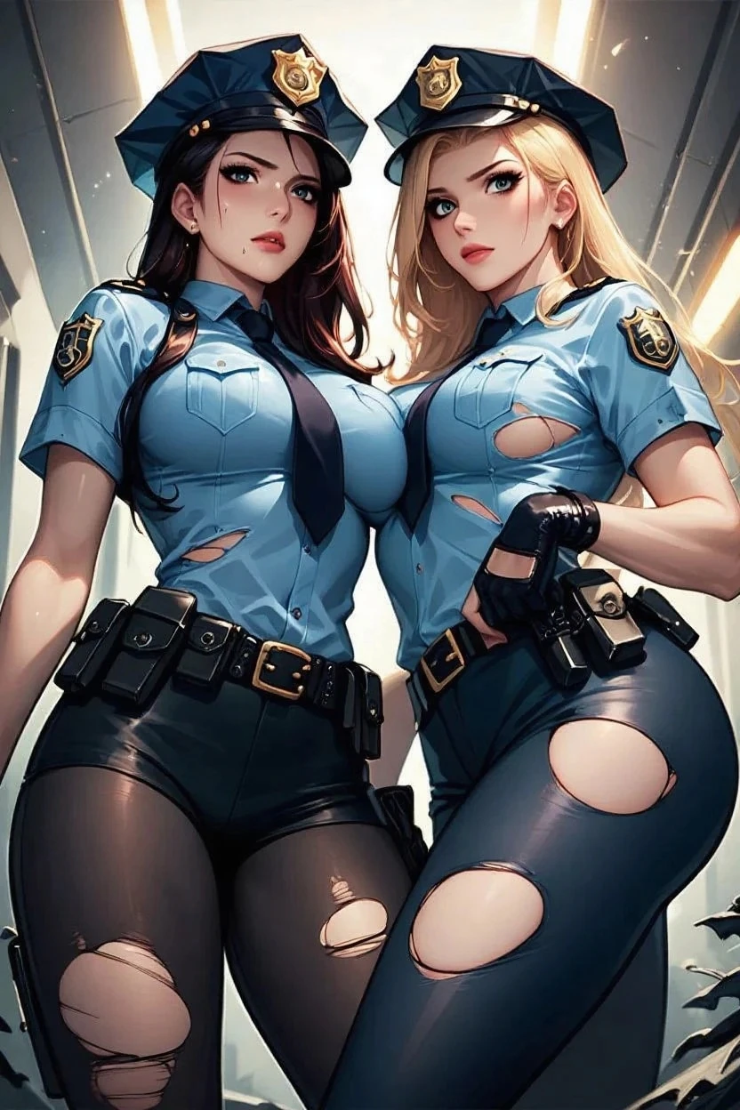Create a 4k masterpiece, full of rich details, The central figure in the image is a female police officer, with brown hair , She wears a sexy and provocative black policewoman outfit with a gold badge, that represents your authority. The policeman is sitting on a sack , surreal