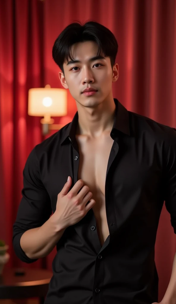 Handsome korean man. 24 years old, prisoner, look at the camera, (Orange prison uniform)portrait,dramatic shadow,Ray tracing, Best quality, Cinematic lighting, Extremely detailed CG, 8K wallpaper,Complicated.showing his chest . In the jail