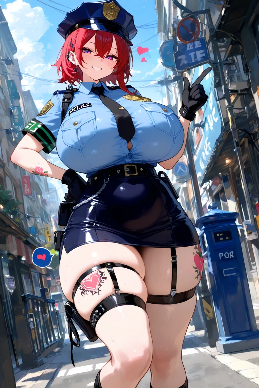 anime character in uniform posing on a city street corner, thicc, oppai cyberpunk, (nsfw) seductive anime girl, small curvy milf, female protagonist 👀 :8, top rated on pixiv, oppai, ami mizuno fanart, best anime 4k konachan wallpaper, at pixiv, popular on pixiv