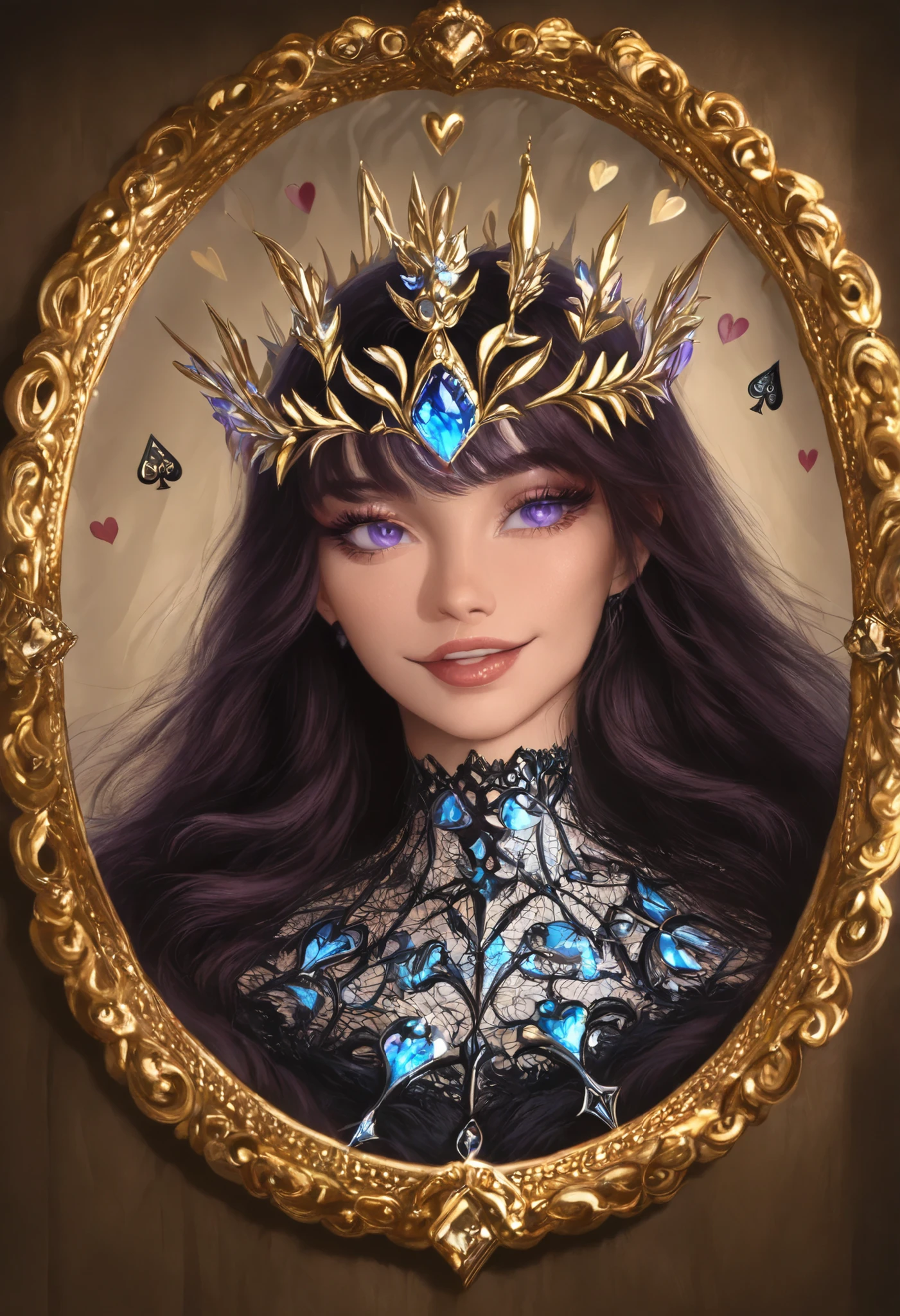 A surreal, mysterious and detailed portrait of Alice stepping through the Looking Glass. She stands on a fragile glass bridge hovering over an endless chessboard where the pieces come to life and move by themselves. All around is an interweaving of mirrored portals reflecting her image in endless variations: an adult, a child, a queen, a fool. Her dress is a shimmering mix of blue and black silk with patterns of card symbols (spades, hearts, clubs, diamonds), and her hair glows with a soft moonlight.In the background, there is a reverse clock floating in the sky, and giant chess rooks turning into castles. The Cheshire Cat hovers near Alice, his smile stretching into a spiral, disappearing into thin air. Below, in the mirrored waters, her shadow is reflected, but it's not her — it's a dark twin with purple eyes and a crown of thorns.Style: dark fairy tale with elements of Victorian Gothic and surrealism. Details: hyper-realistic textures (silk, glass, fog), magical lighting (bioluminescence, glare on mirrors), depth of composition (multi-layered reflections). Mood: mesmerizing, slightly anxious, with a touch of melancholy

