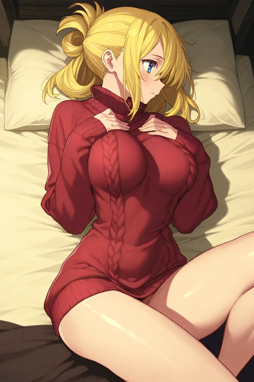 (masterpiece, best quality:1.5), ((Extremely detailed)), high resolution，Anime style，（Beautiful blonde woman, lying on the bed, red sweater, comfortable posture, perfect figure：1.3）