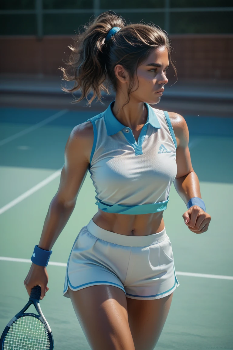 solo brunette in tennis outfit, mini sport skirt with sport tank top, graceful posture, sensual pose, photography, low key, subtle shadows, striking silhouette, exquisite details, super detail, high quality, HD, 4K.