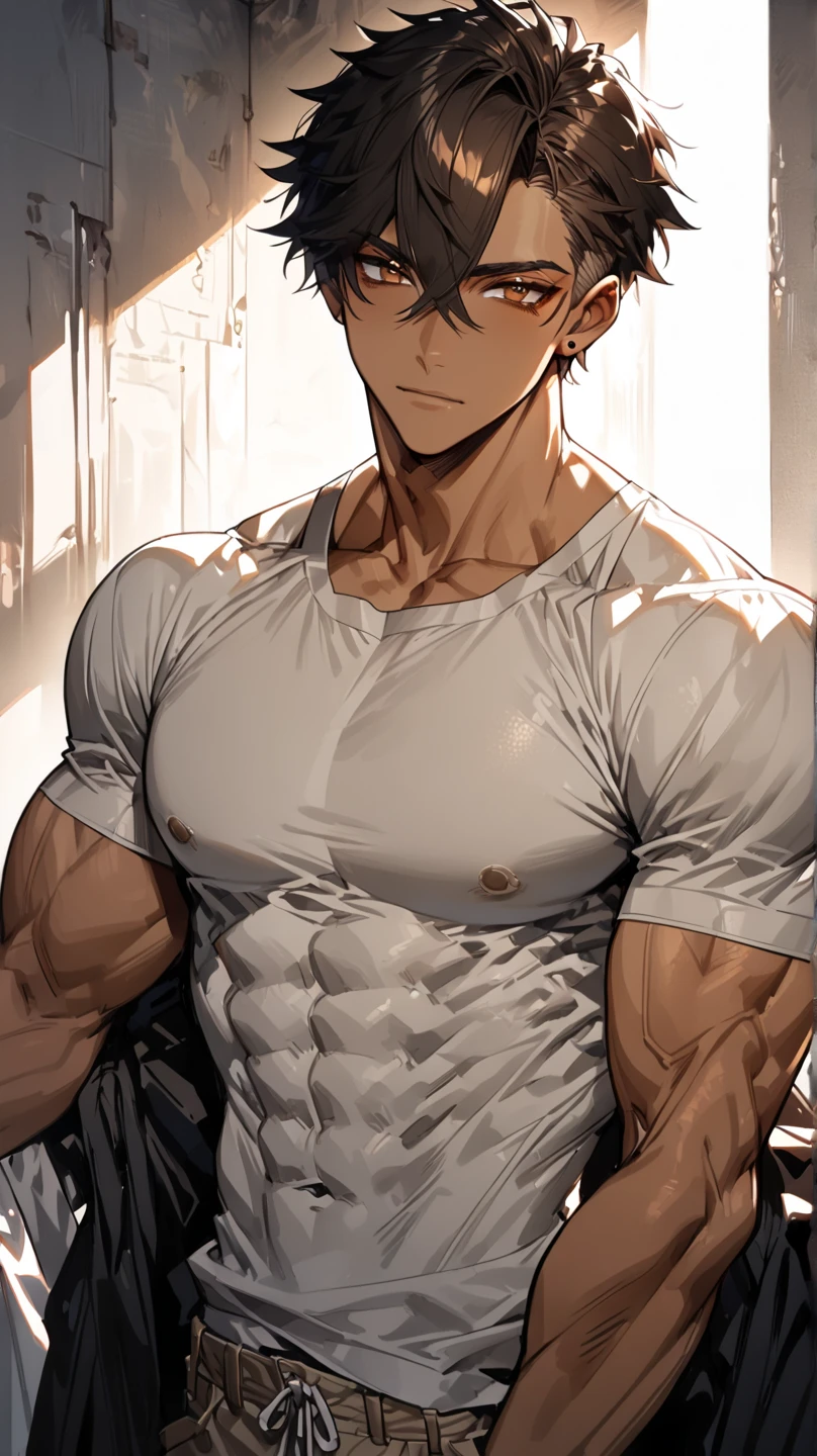 (Highest quality)，masterpiece，8k wallpaper quality， Cinematic,effort,1 boy,White tank top, Huge muscles ,Raise your hand,Underarm, Sweating Short Hair