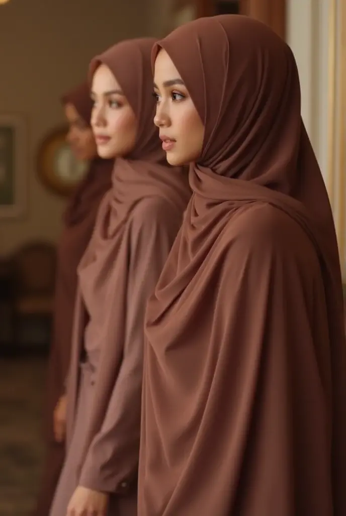 Show a transformarion sequence showing a delicate hindu brahmin man crossdressing, and then transitioning into a gorgeous hijabi muslimah woman in hijab and abaya.