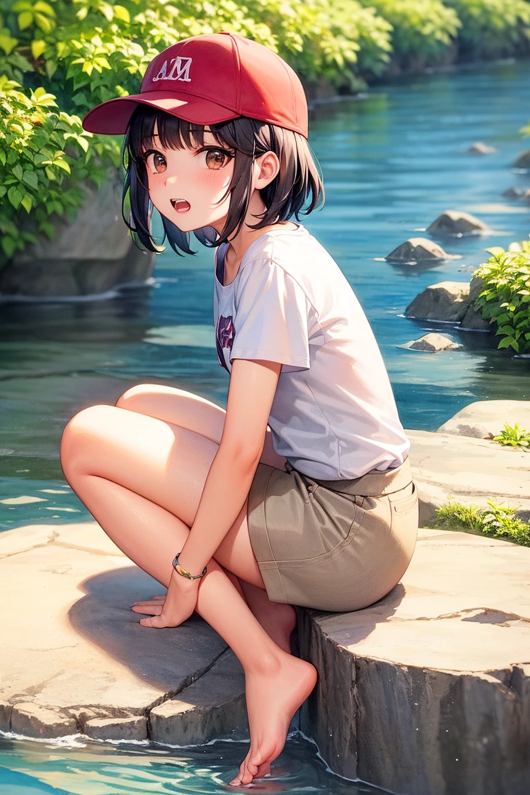 1girl, 20 yo, colorful Underwear, brown short hair, white, man t-shirt, Squatting, knees pointing at viewer, beautiful garden