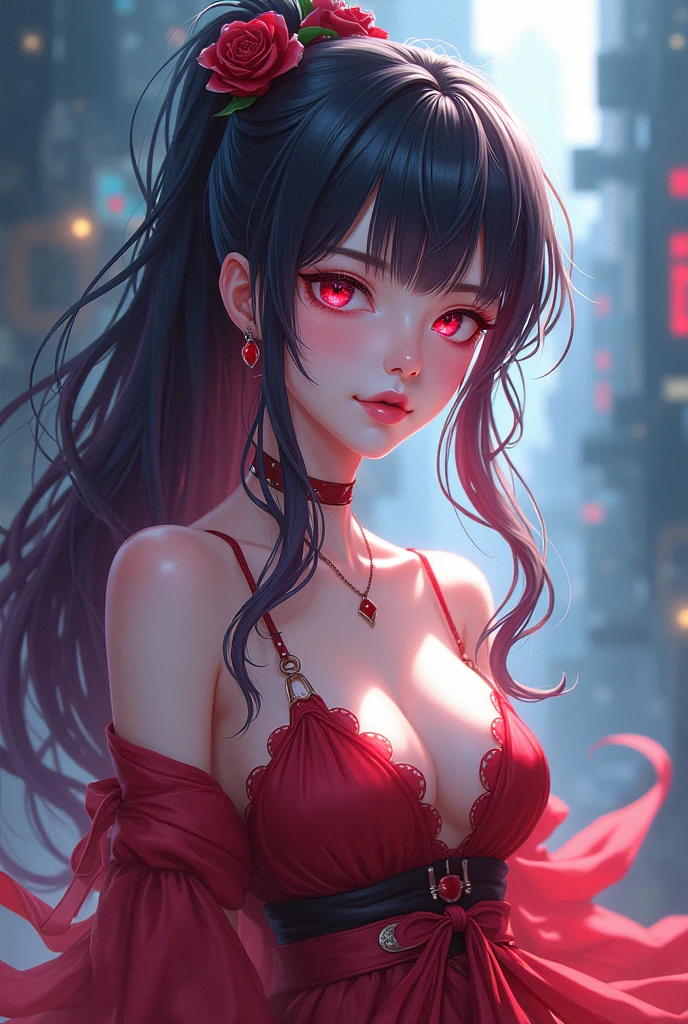 ((masterpiece)),(bestquality),((ultra-detailed)), ((beautiful detailed sky)), ((cinematic lighting)), depth of field, (dynamic angle),detailed lighting,(beautiful detailed eyes), ((japan night view)),red lip, eyeshadow,large breast, (erotic), ((sexy)), cleavage, navel, (keqingdef, keqingrnd)