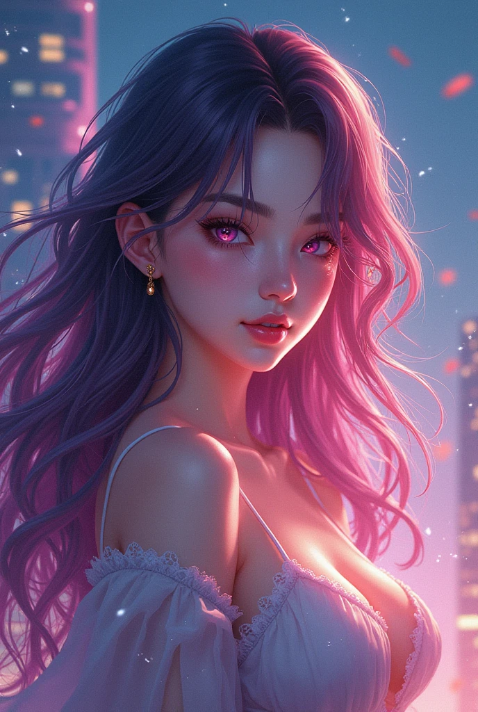 masterpiece, Highest quality, Attention to detail, Concept Art, (Japanese Manga:0.55), (Browsing Caution:0.55), Big Breasts, Flat stomach, , Short and small, Baby Face,Glowing Skin, Light Skin,Skin glows,Purple eyes,Bright colors,colorful,(((liquid paint hair:1.1))), Upper body strapless bra,Showing your belly button，Wear a T-back on the lower body, (((Bright colors))),,Skin glows,Purple eyes,Bright colors,colorful,(((liquid paint hair:1.1))) ,(((neon Purple Hair | Neon pink hair | Neon blue hair | Neon Aqua Hair | Purple Hair | Purple Hair | Fluorescent blue hair | Amethyst Hair | Neon Hair | Bright pink hair :1.5))), ((Painted，Not affected by gravity,Thick and watery),(Paint splashes:1.3), (Shiny Hair: 1.3),