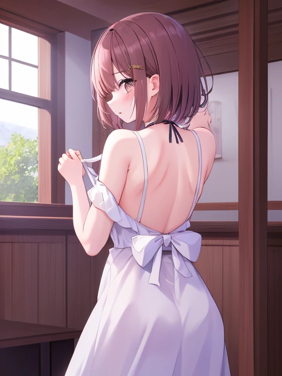 8k, beautiful and detailed, warm lighting,  1girl, souryuu asuka langley, (low back dress, backless cami dress), narrow hips, formal party, mischievous look, stockings, small frame, jewelry, tease, skinny, 