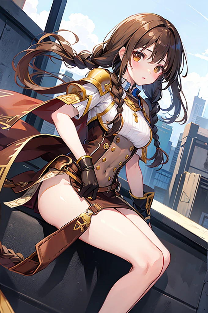 best quality,ultra-detailed,high resolution,extremely detailed CG,perfect anatomy,detailed,cinematic lighting,beautiful detailed eyes,ultra high res,(1girl:1.5),(12years old:1.4),gleaming skin,oil skin,skindantation,sweat,humid,clothed,(sweat:1.2),nose blush,cowboy shot,Glowing Skin,Beautiful Hair,looking at viewer,ereshkigal,belly button,half open mouth,seductive smile,leonardo da vinci rider, blue eyes, brown hair, long hair, parted bangs,black footwear, brown jacket, elbow gloves, gloves, jacket, loafers, metal gloves, pantyhose, red skirt, shoes, skirt, puffy sleeves, thighhighs, blue thighhighs,