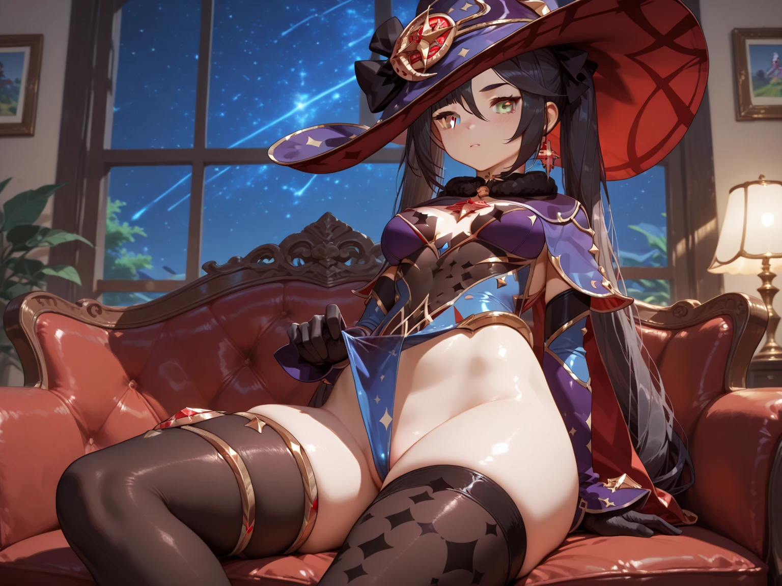 (Masterpiece), Best Quality, ultra-detailed, 1girl( mona_tpa, mcdonald's, purple hair, aqua eyes, half closed eyes, small breasts), a come-hither face, parted lips, solo, nose blush, blush, witch hat, stairs, shrine, lens flare, star_(symbol) pantyhose, highly detailed, absurdres, indoor, night time, floor, sitting, spread legs
