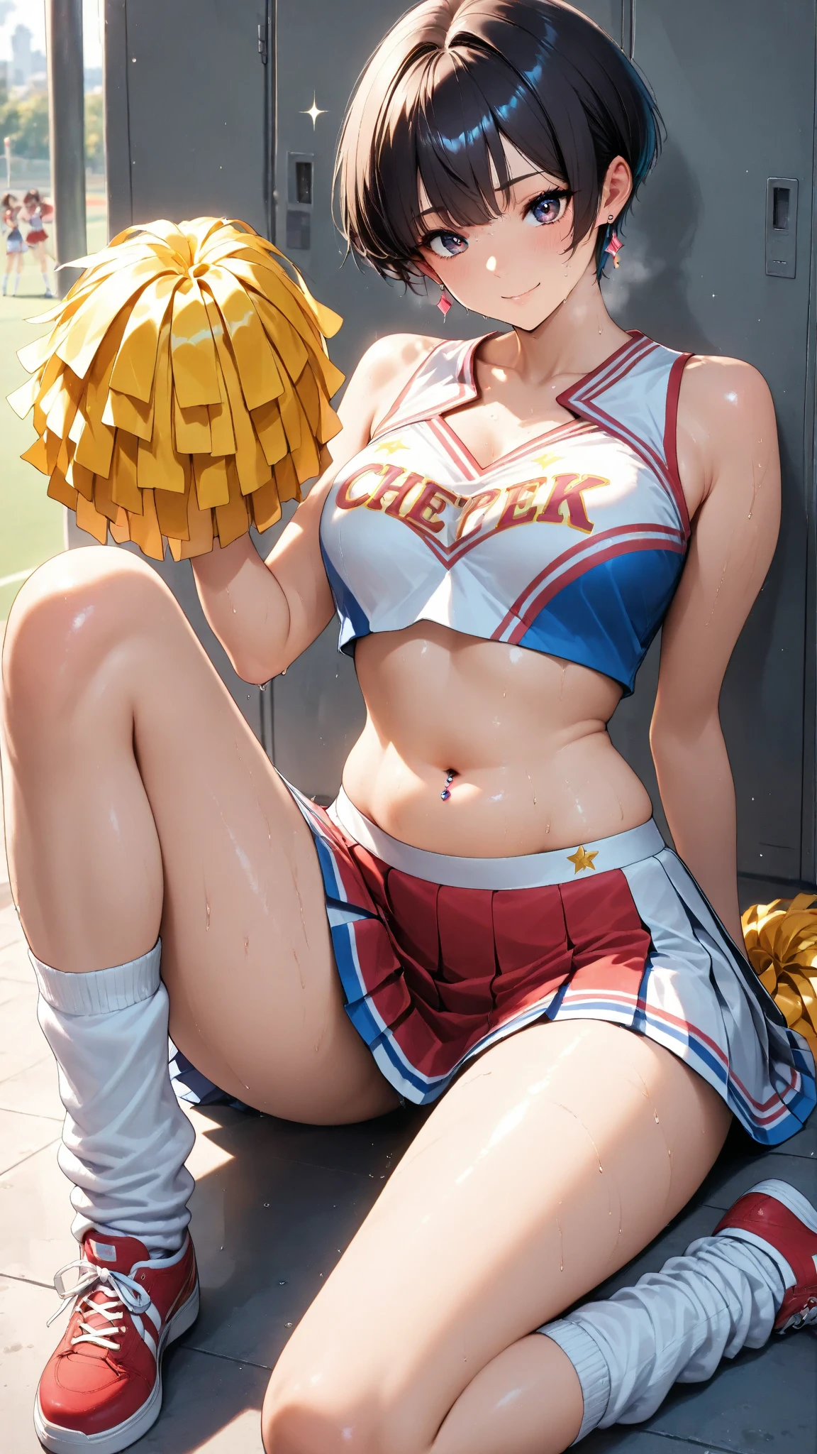 masterpiece, (photorealistic:1.4), best quality, beautiful lighting, (ulzzang-6500:0.4), makima \(chainsaw man\), (red hair)+(long braided hair)+(bangs), yellow eyes, golden eyes, (ringed eyes), nice angle, extremely detailed face, perfect lighting, extremely detailed CG, thighs, cheerleader, cheering, pom_poms, holding_pom_poms, cheerleader_uniform, miniskirt, white thighhighs, pink sneakers, large breasts, bare shoulders, BREAK seductive smile, evil smile, femdam, dancing, BREAK stadium, outdoor, track and field, RAW photo, 8k uhd, film grain, (1girl), (full body)