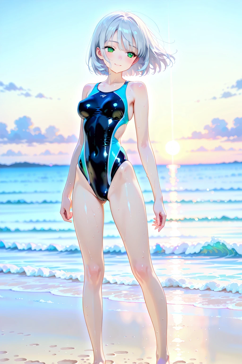 1 girl, beautiful girl, cute girl and idol face, smile, white skin, ((white swimsuit)), short and bob cut hair, shiny silver hair, Only one strand of hair that flips out, beautiful green, eyes, beautiful body, Summer Sea, Seaside, bathing beach, whole, Girl playing with waves on the beach, Dynamic girl