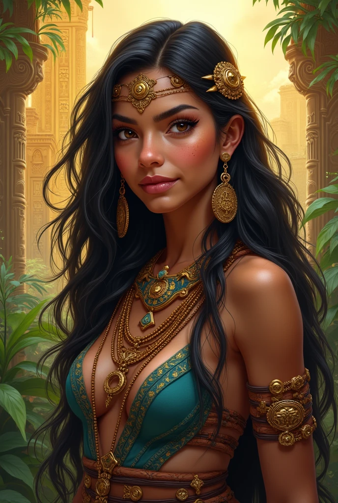 realistic, high quality, intricate details, dramatic lighting, photorealistic, 1girl, beautiful detailed eyes, beautiful detailed lips, extremely detailed face and skin, long eyelashes, Indian, desi, village woman, , , alluring expression, flowing hair, colorful traditional clothing, ornate jewelry, golden skin tones, natural setting, lush greenery, warm lighting