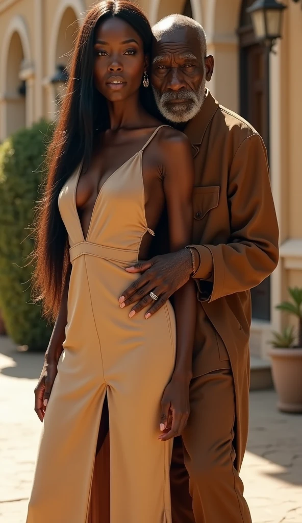 Tunde a 6’5” tall man, dark chocolate , Tunde and Amara really happy together , Amara is a beautiful 5'3", black girl fully clothes in a beautiful dress, show Tunde and Amara, Amara's living room on sofa, epicrealism